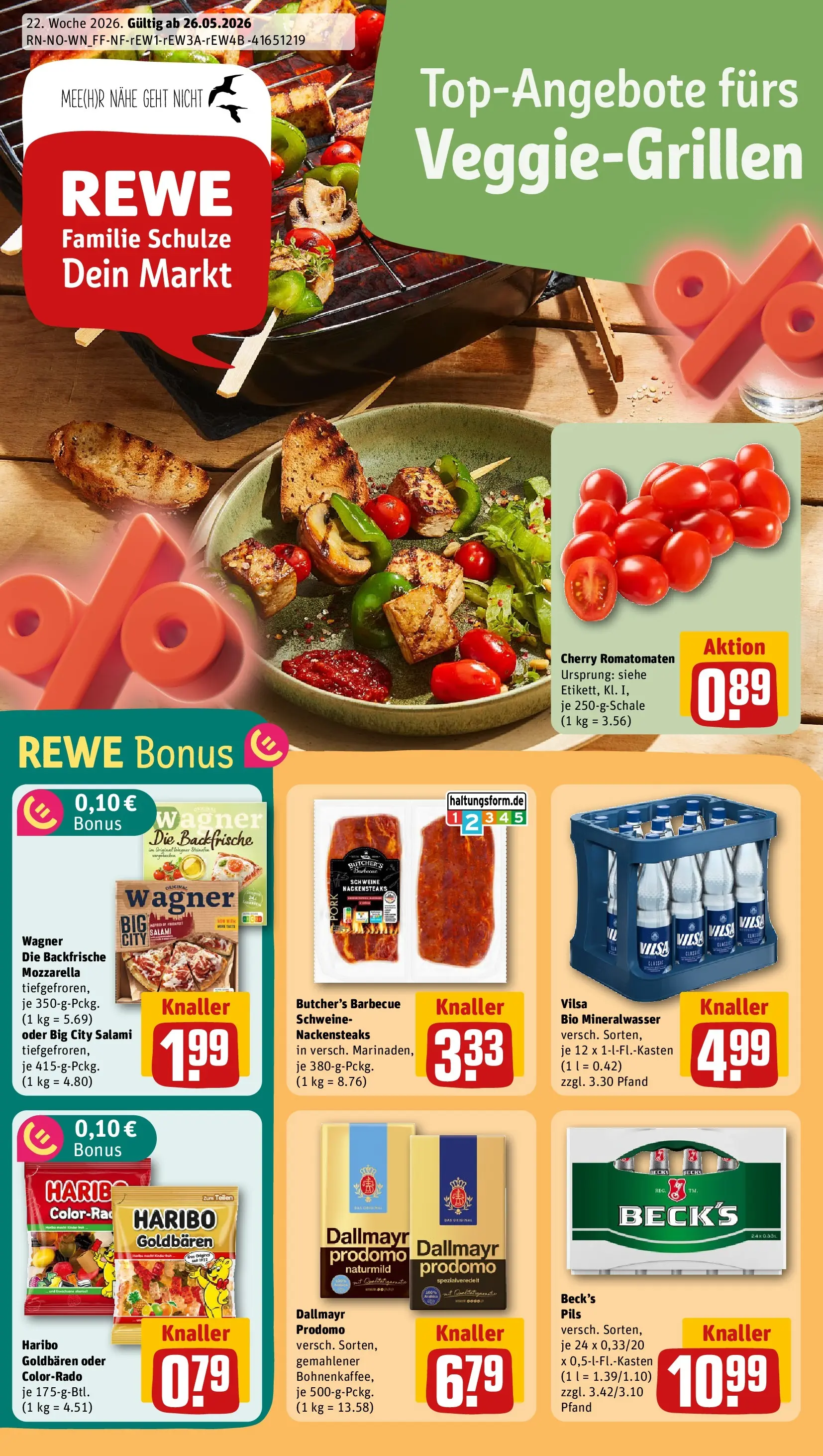 REWE Prospekt ab 26.05.2026 zum Blättern » Angebote | Seite: 1 | Produkte: Nackensteaks, Mozzarella, Salami, Dallmayr prodomo