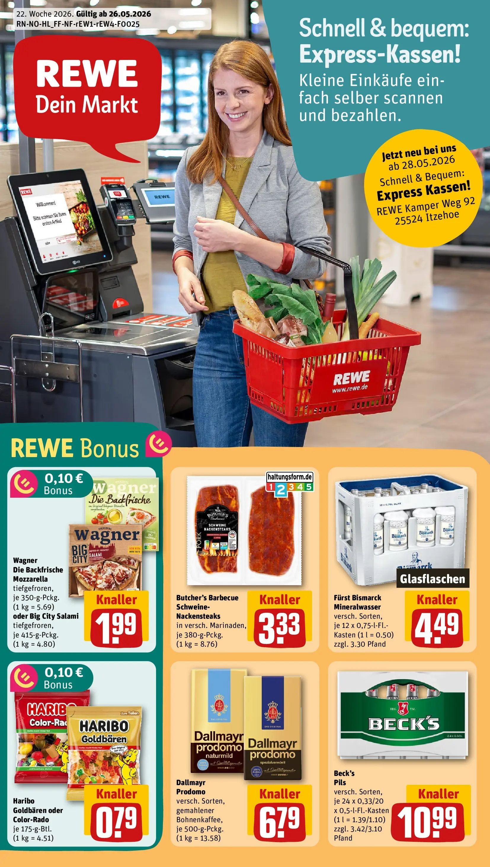 REWE Prospekt ab 26.05.2026 zum Blättern » Angebote | Seite: 1 | Produkte: Nackensteaks, Haribo, Pizza, Dallmayr prodomo