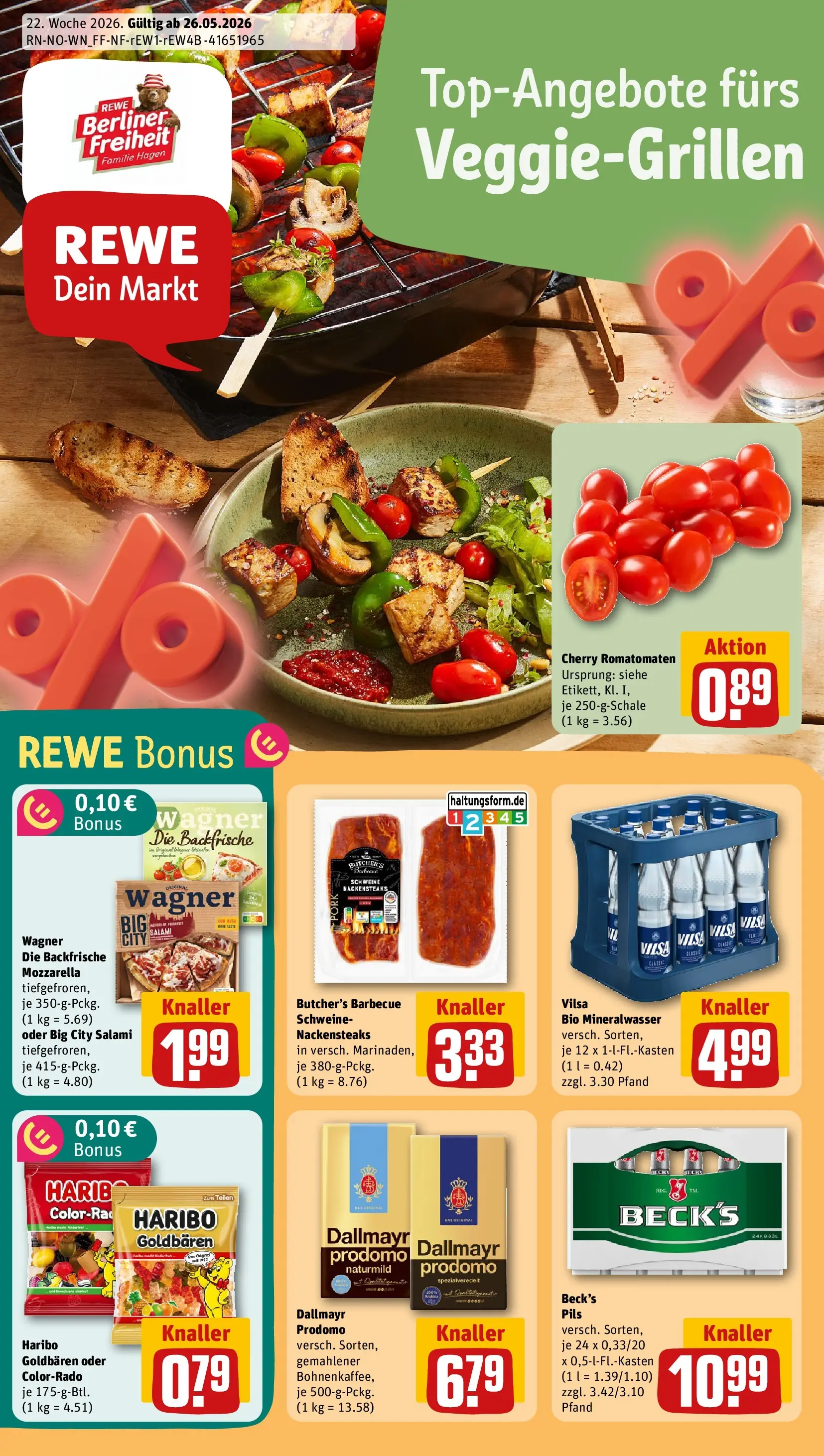 REWE Prospekt ab 26.05.2026 zum Blättern » Angebote | Seite: 1 | Produkte: Berliner, Nackensteaks, Mozzarella, Pils