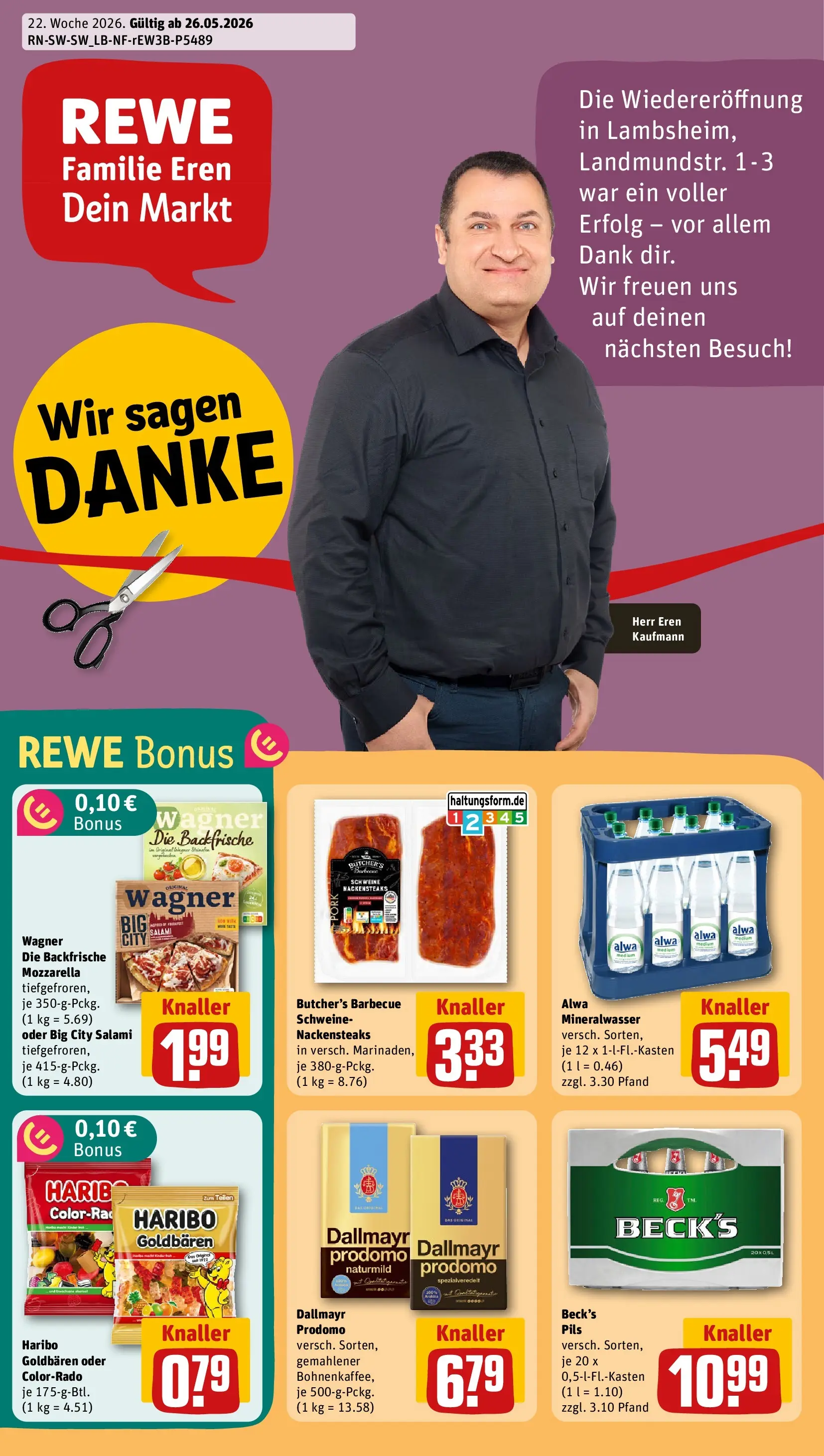 REWE Prospekt ab 26.05.2026 zum Blättern » Angebote | Seite: 1 | Produkte: Haribo, Mineralwasser, Dallmayr, Dallmayr prodomo