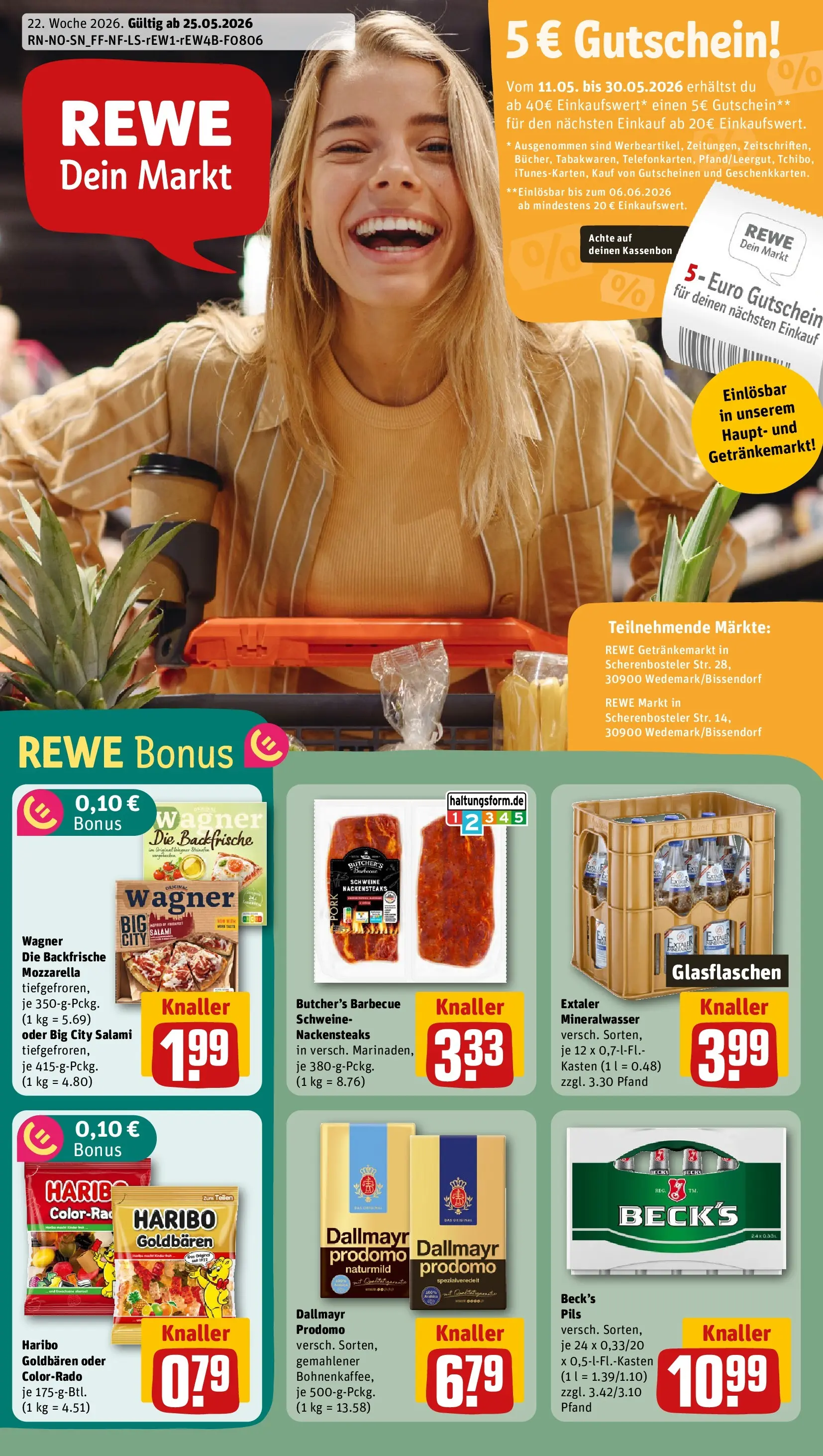 REWE Prospekt ab 26.05.2026 zum Blättern » Angebote | Seite: 1 | Produkte: Mozzarella, Mineralwasser, Salami, Pizza