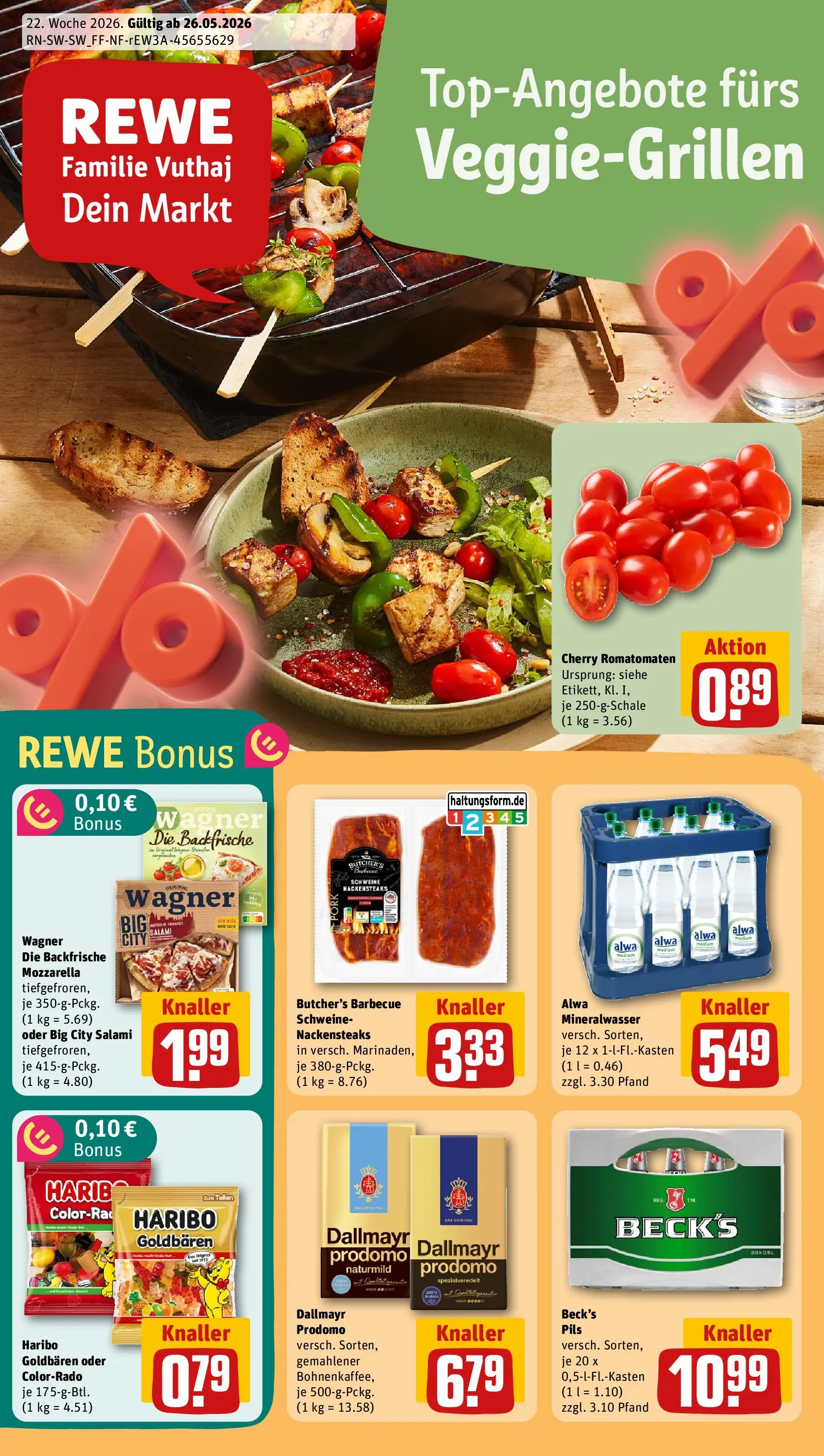 REWE Prospekt ab 26.05.2026 zum Blättern » Angebote | Seite: 1 | Produkte: Nackensteaks, Haribo, Pils, Dallmayr prodomo