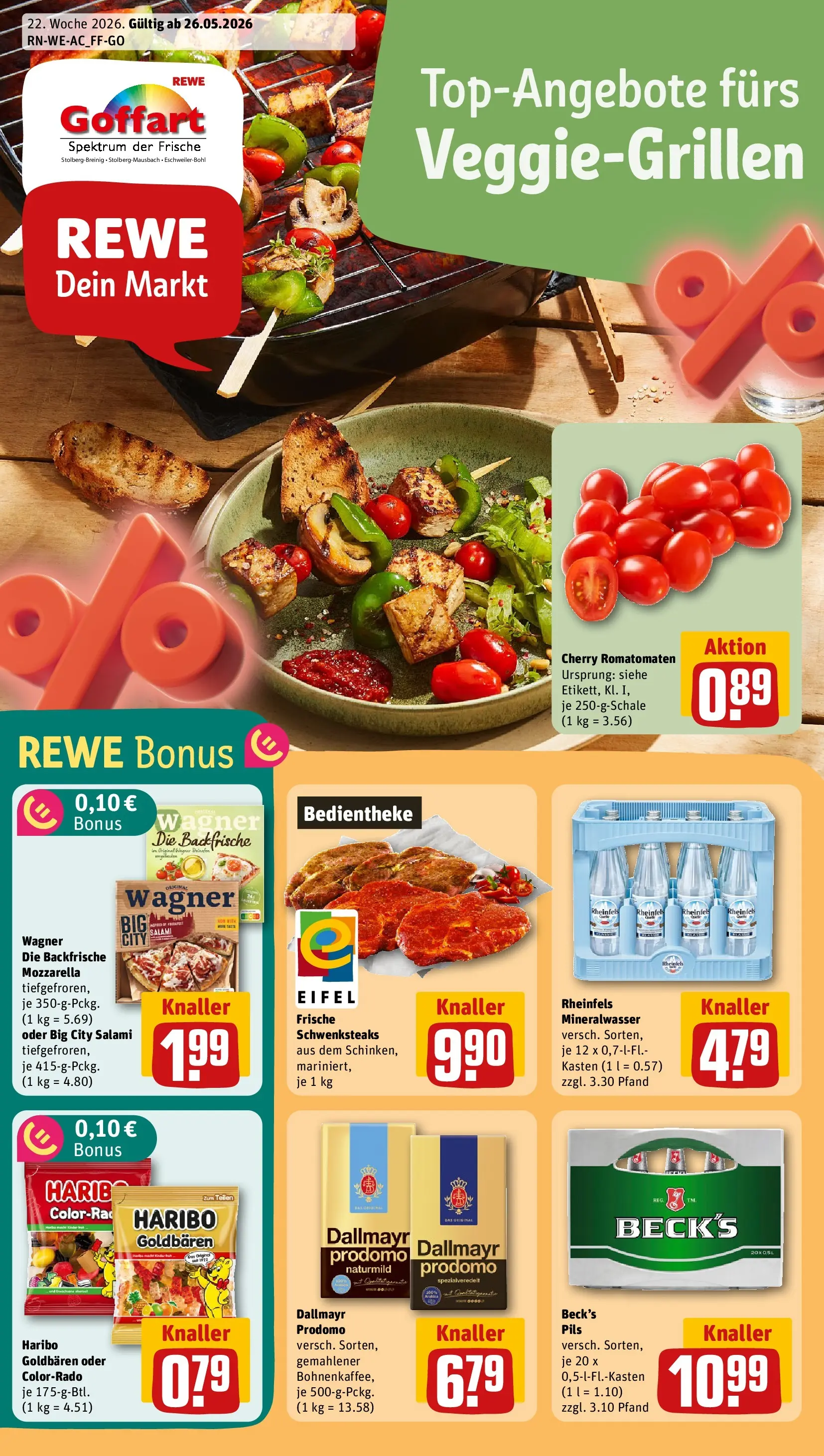 REWE Prospekt ab 26.05.2026 zum Blättern » Angebote | Seite: 1 | Produkte: Mozzarella, Dallmayr, Steak, Dallmayr prodomo