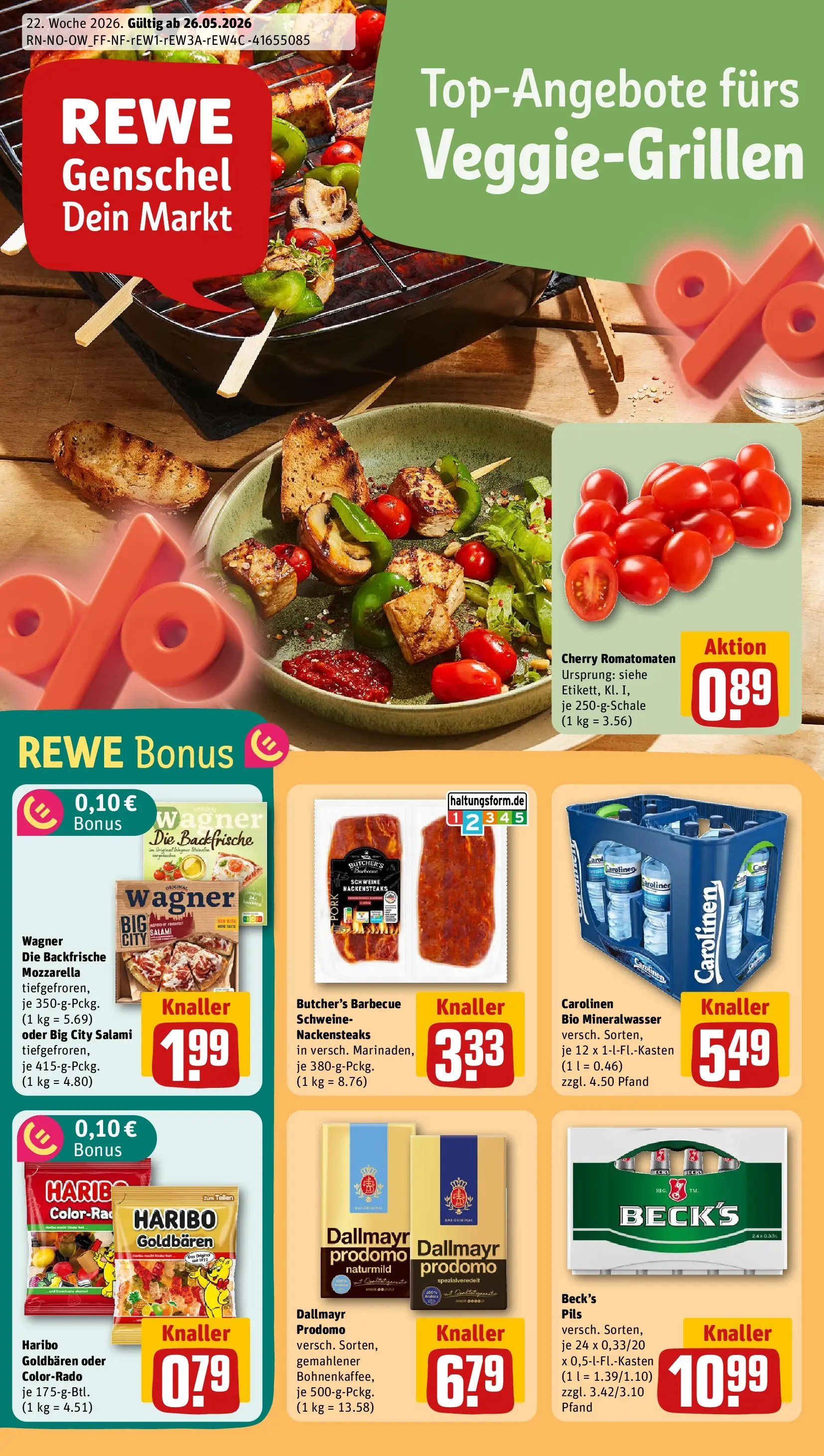 REWE Prospekt ab 26.05.2026 zum Blättern » Angebote | Seite: 1 | Produkte: Mineralwasser, Dallmayr, Salami, Pizza