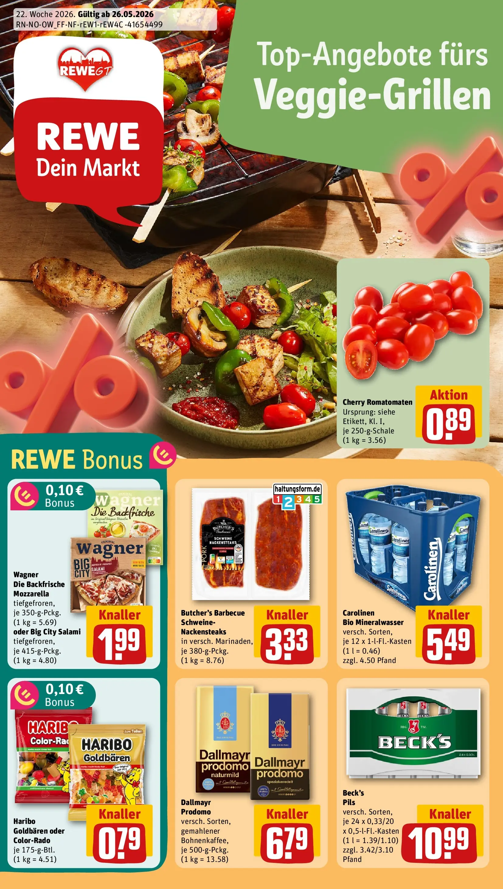 REWE Prospekt ab 26.05.2026 zum Blättern » Angebote | Seite: 1 | Produkte: Nackensteaks, Mozzarella, Pizza, Dallmayr prodomo