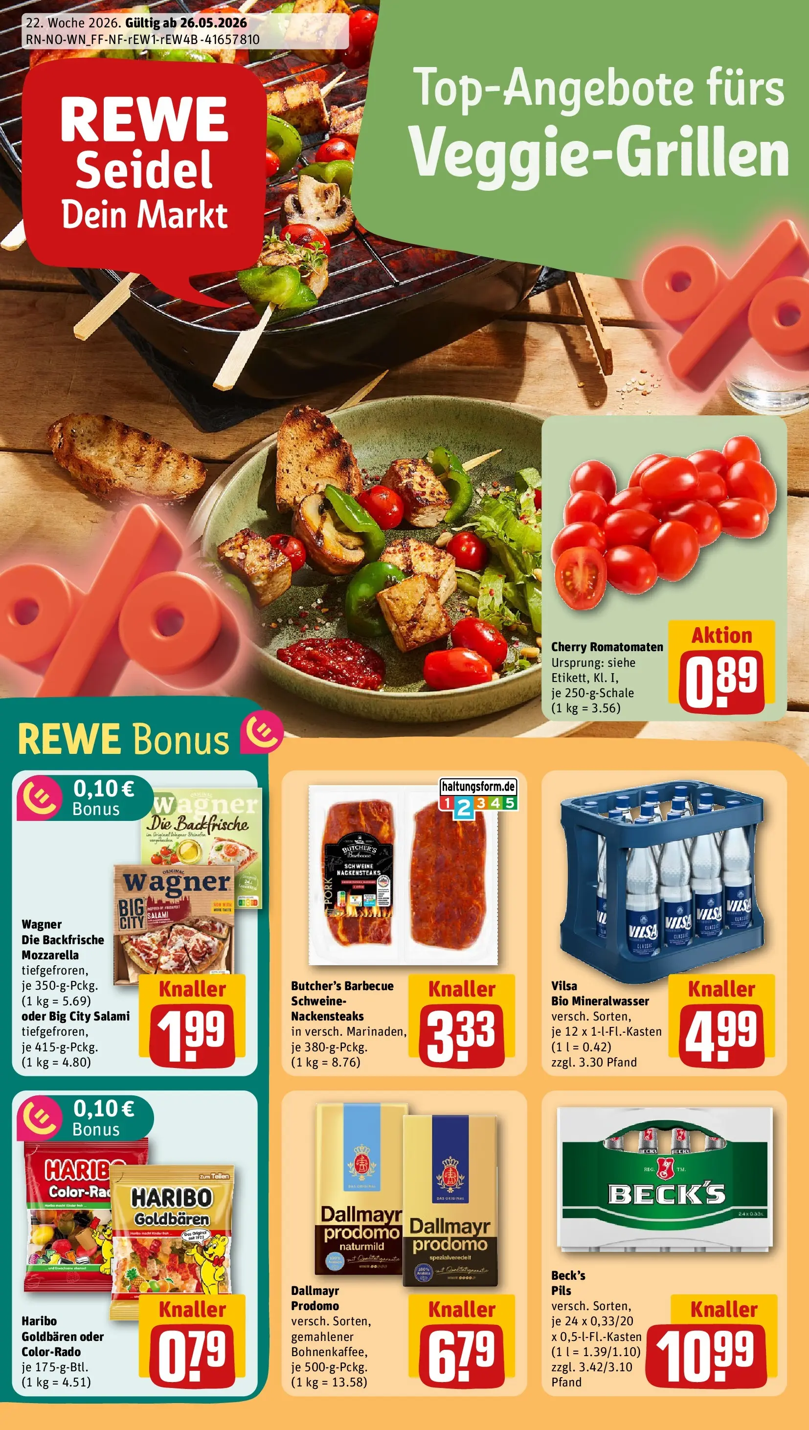 REWE Prospekt ab 26.05.2026 zum Blättern » Angebote | Seite: 1 | Produkte: Nackensteaks, Haribo, Pils, Dallmayr prodomo