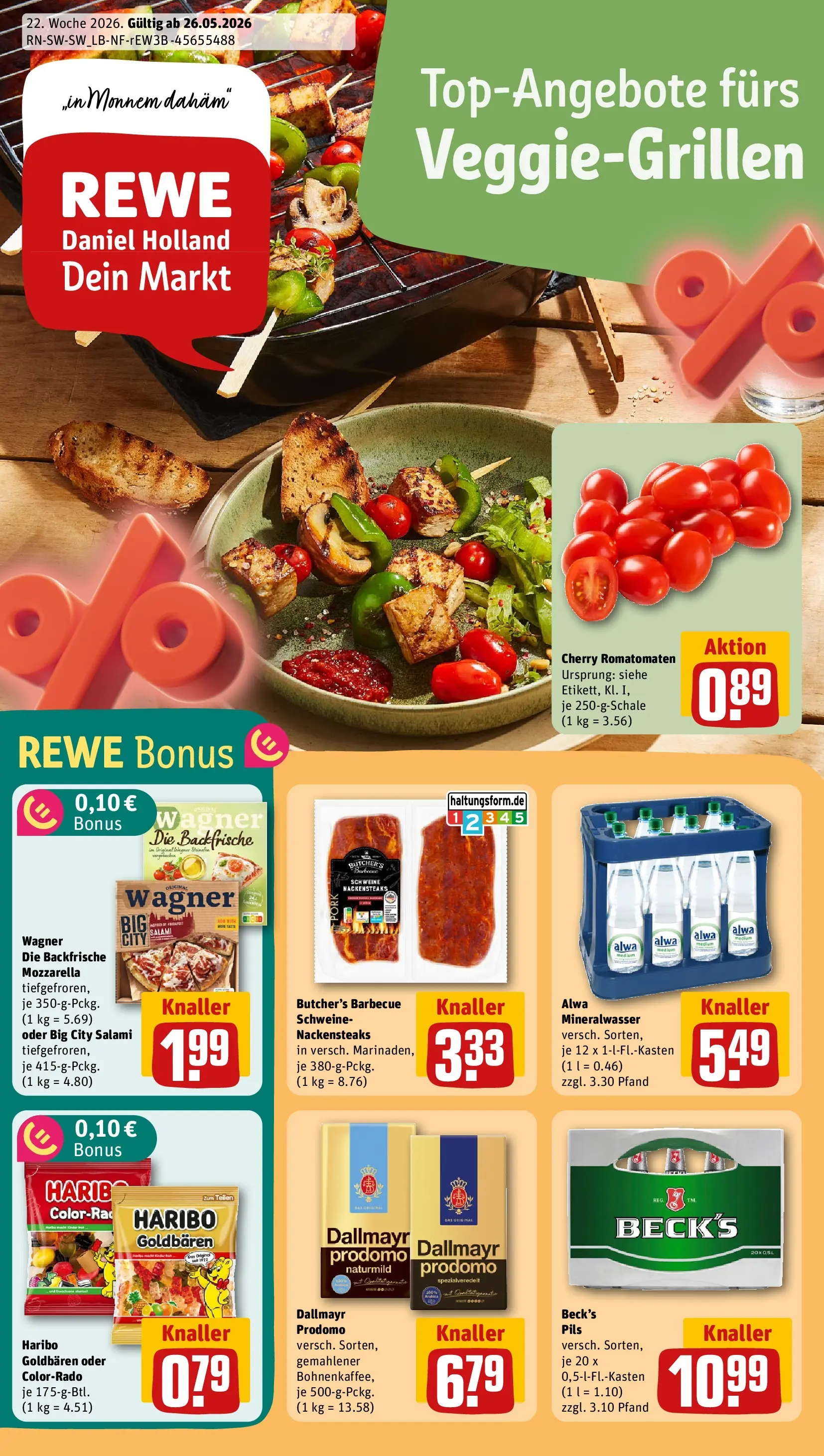 REWE Prospekt ab 26.05.2026 zum Blättern » Angebote | Seite: 1 | Produkte: Pils, Mineralwasser, Dallmayr, Salami