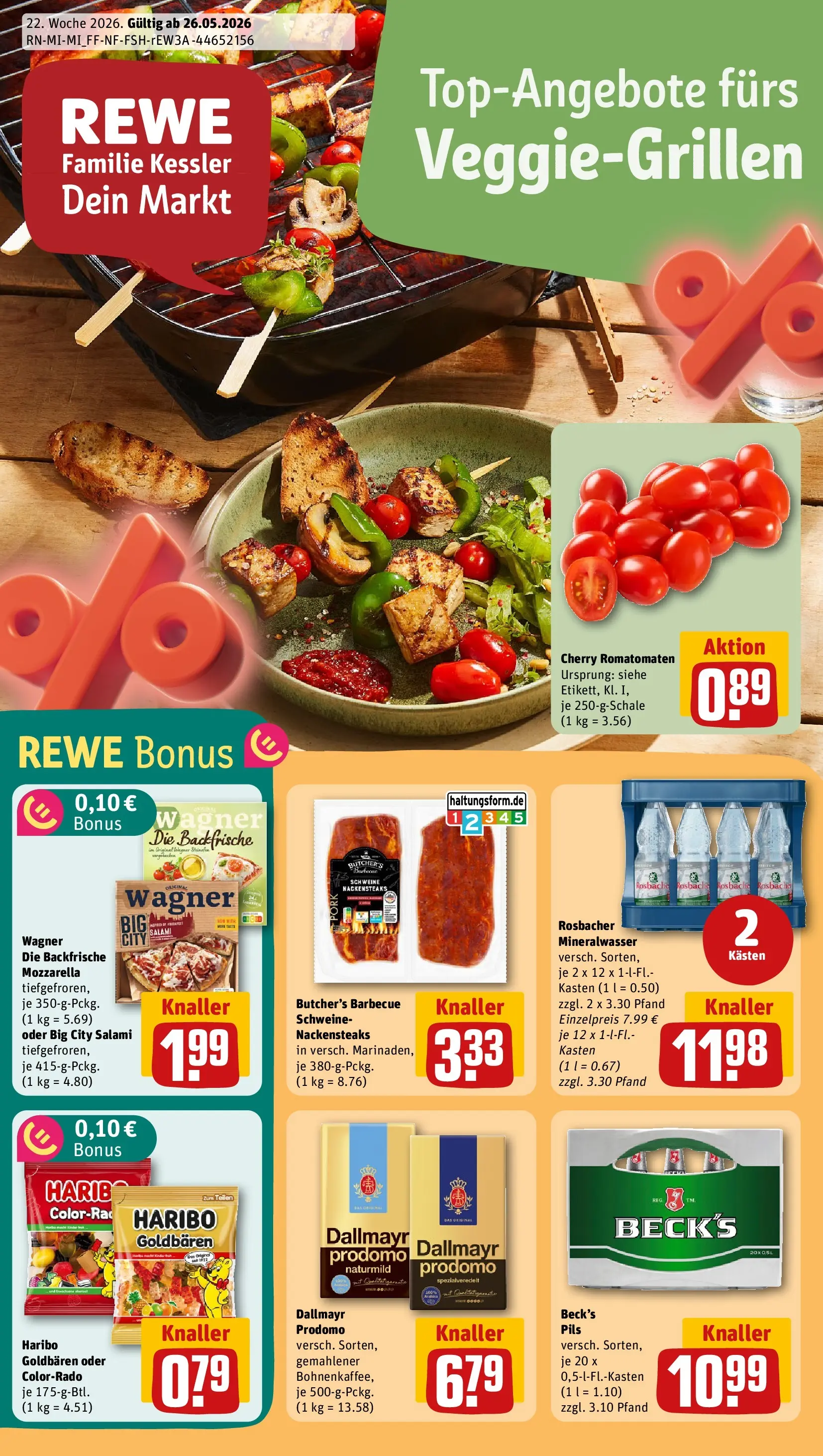 REWE Prospekt ab 26.05.2026 zum Blättern » Angebote | Seite: 1 | Produkte: Mozzarella, Salami, Pizza, Dallmayr prodomo