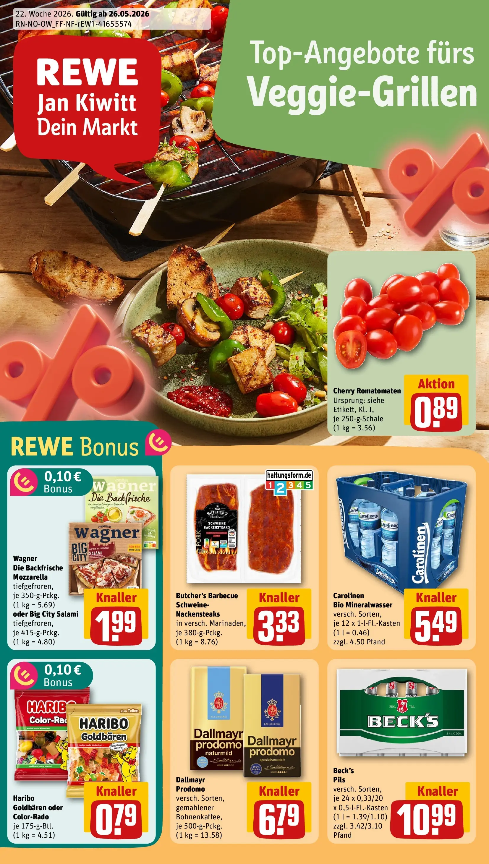REWE Prospekt ab 26.05.2026 zum Blättern » Angebote | Seite: 1 | Produkte: Nackensteaks, Mozzarella, Mineralwasser, Salami