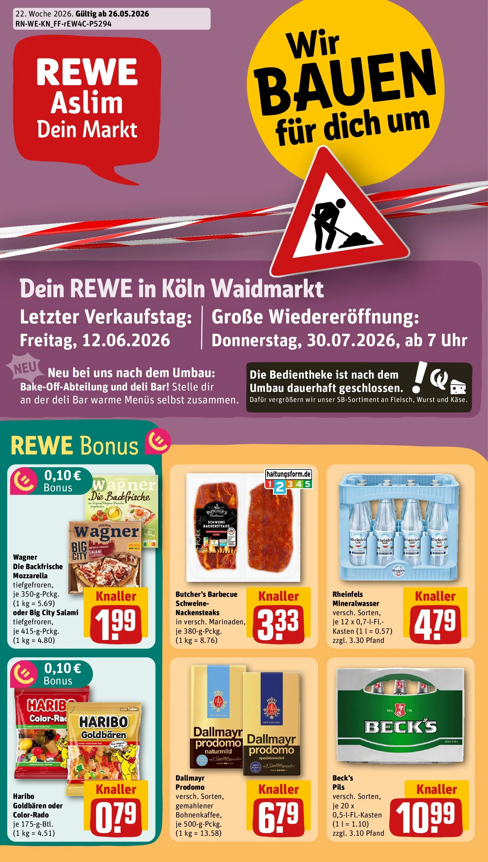 REWE Prospekt ab 26.05.2026 zum Blättern » Angebote | Seite: 1 | Produkte: Mozzarella, Pils, Dallmayr, Wurst