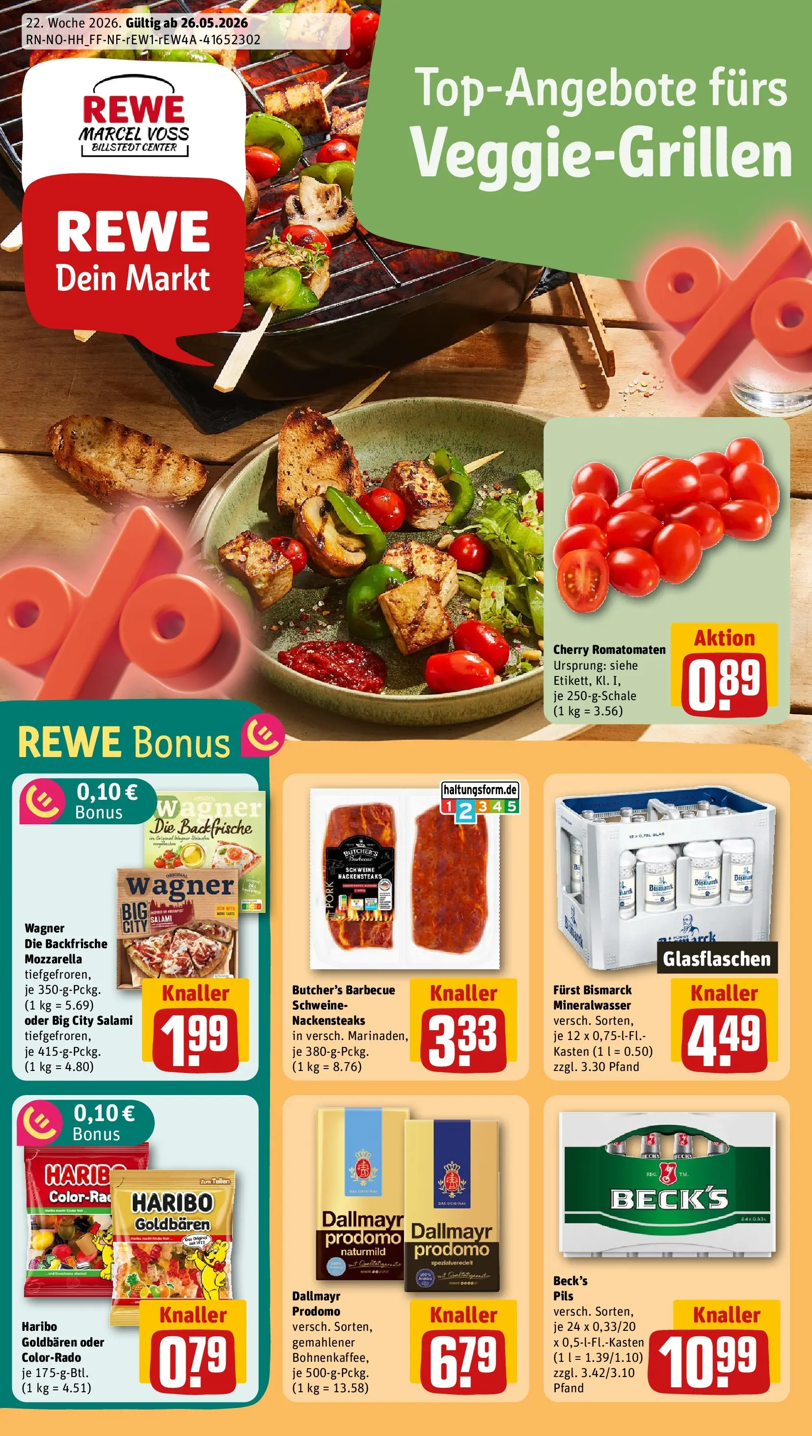 REWE Prospekt ab 26.05.2026 zum Blättern » Angebote | Seite: 1 | Produkte: Nackensteaks, Mozzarella, Pils, Pizza