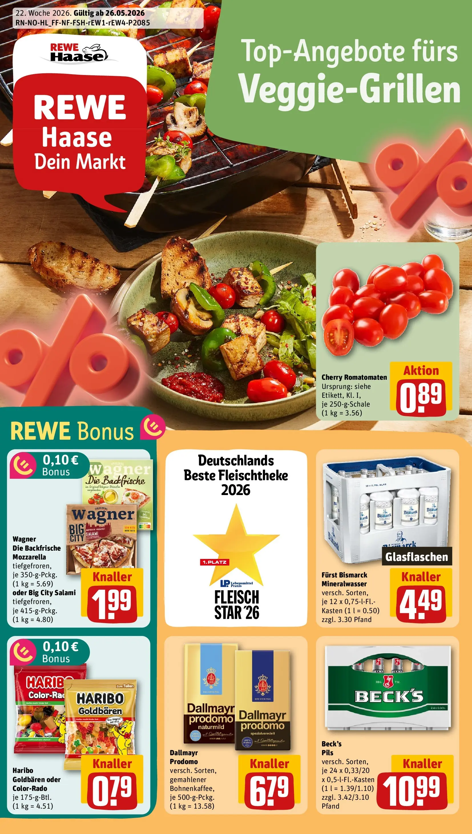 REWE Prospekt ab 26.05.2026 zum Blättern » Angebote | Seite: 1 | Produkte: Haribo, Mozzarella, Pizza, Dallmayr prodomo