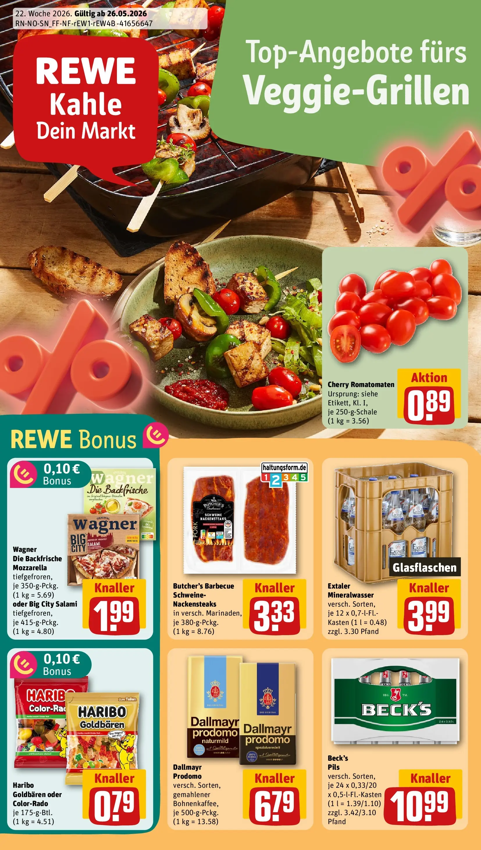 REWE Prospekt ab 26.05.2026 zum Blättern » Angebote | Seite: 1 | Produkte: Mozzarella, Pils, Salami, Dallmayr prodomo