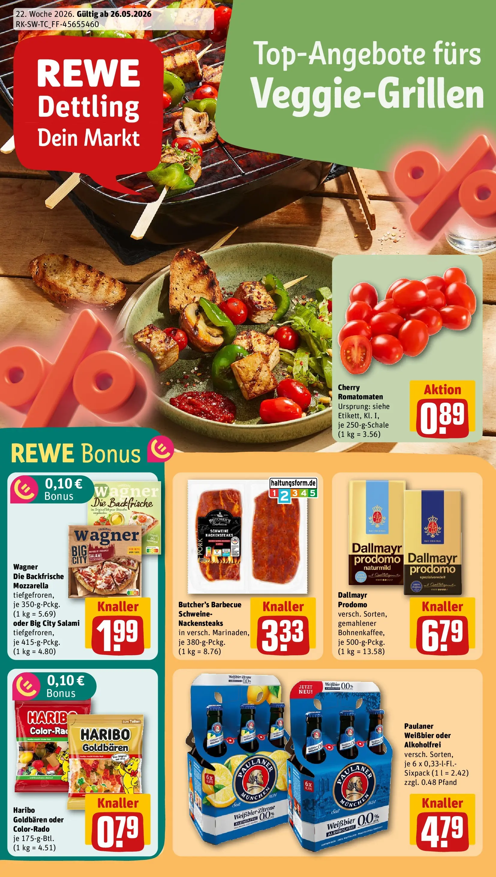 REWE Prospekt ab 26.05.2026 zum Blättern » Angebote | Seite: 1 | Produkte: Nackensteaks, Haribo, Weißbier, Salami