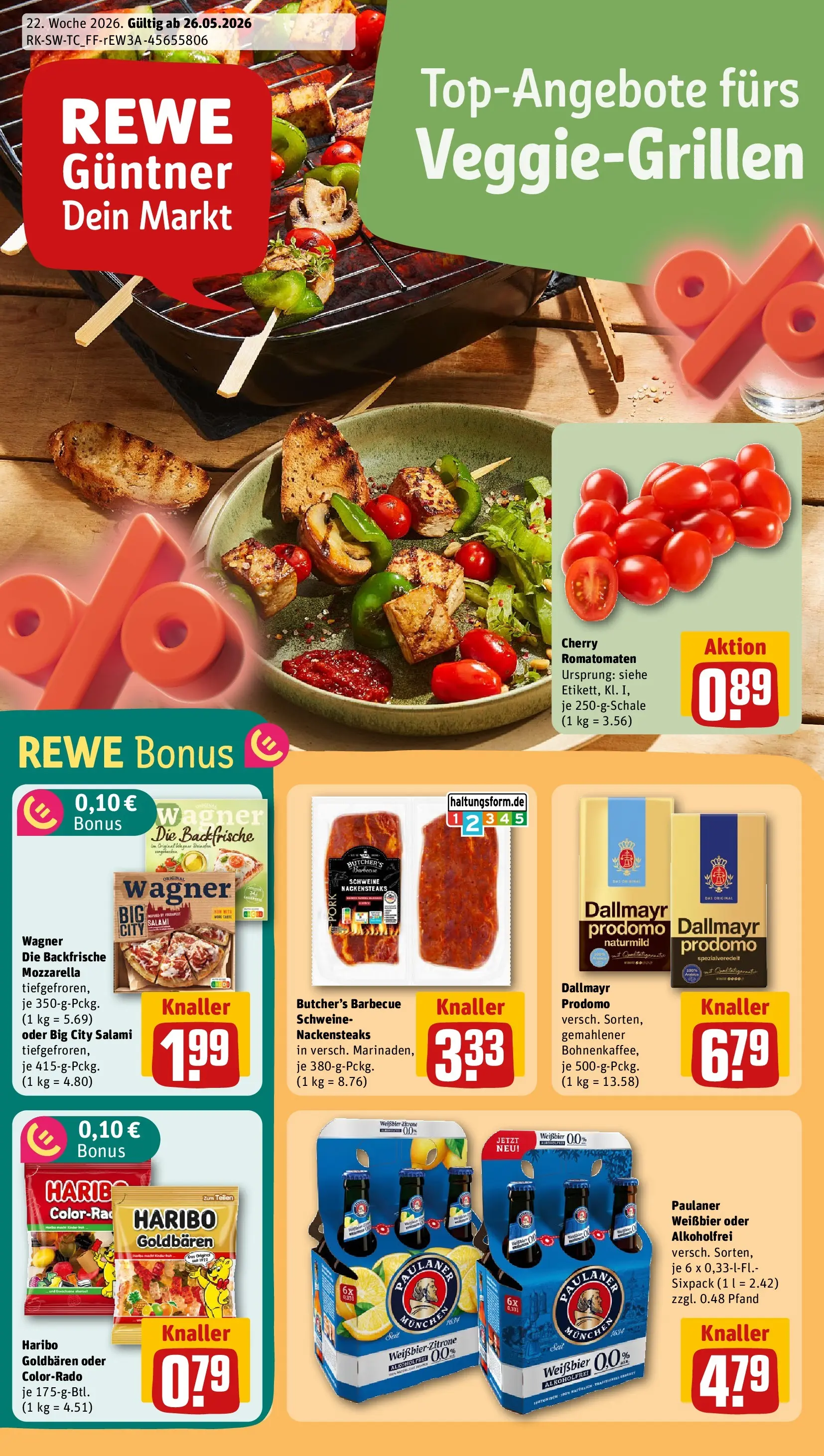 REWE Prospekt ab 26.05.2026 zum Blättern » Angebote | Seite: 1 | Produkte: Nackensteaks, Haribo, Pizza, Paulaner