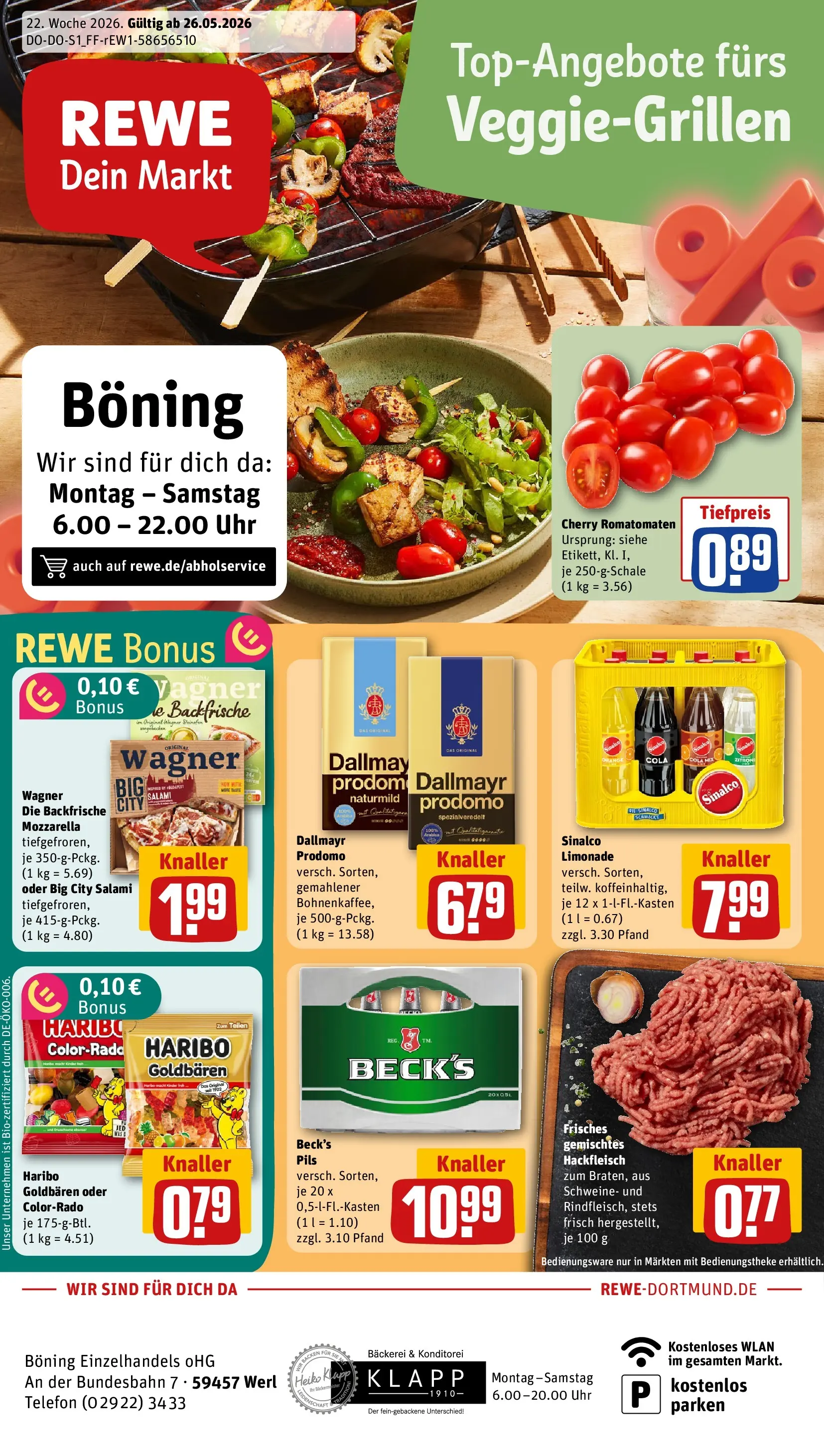 REWE Prospekt ab 26.05.2026 zum Blättern » Angebote | Seite: 1 | Produkte: Bäckerei, Cola, Pizza, Dallmayr prodomo