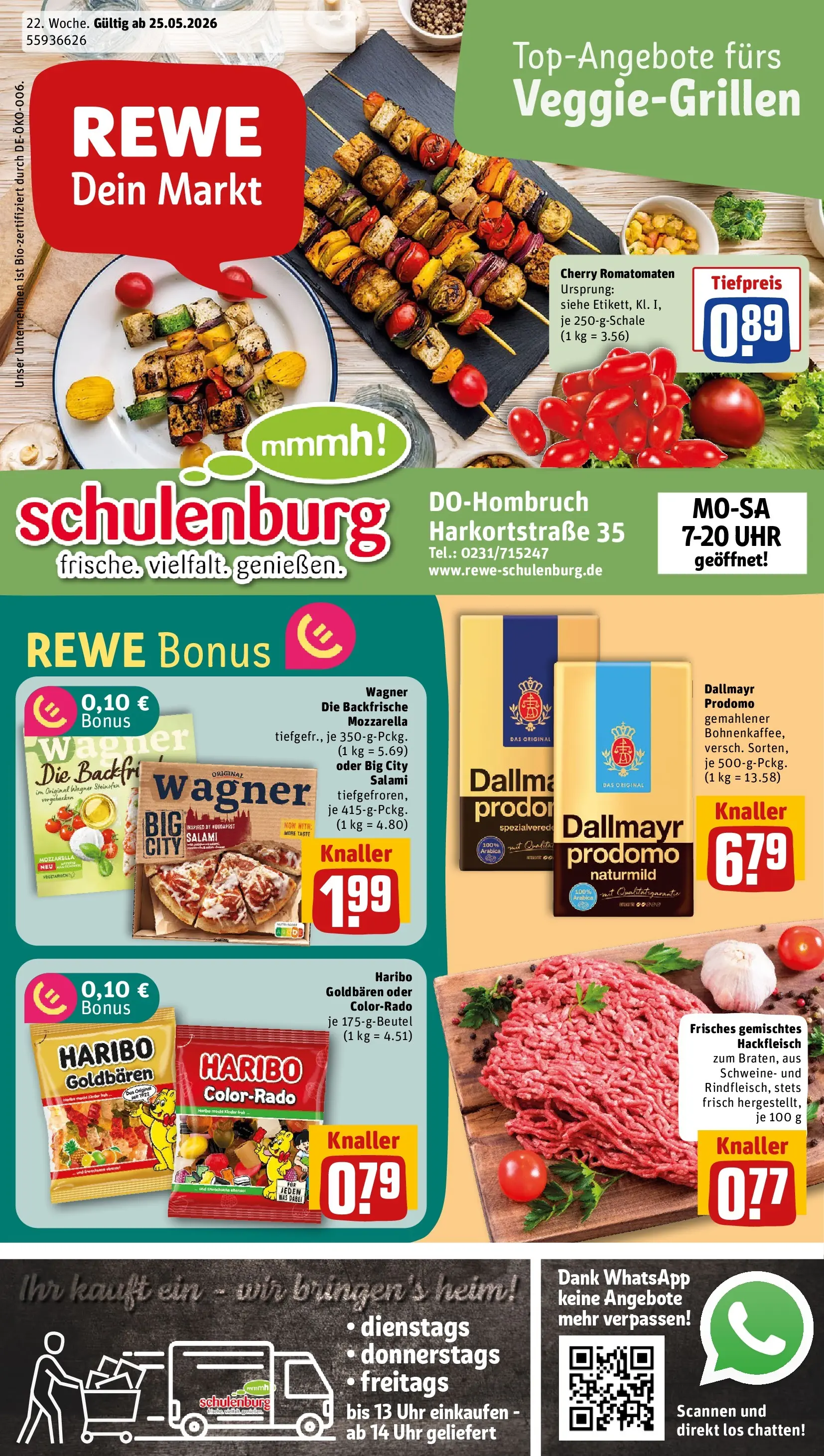 REWE Prospekt ab 26.05.2026 zum Blättern » Angebote | Seite: 1 | Produkte: Haribo, Mozzarella, Dallmayr prodomo, Hackfleisch