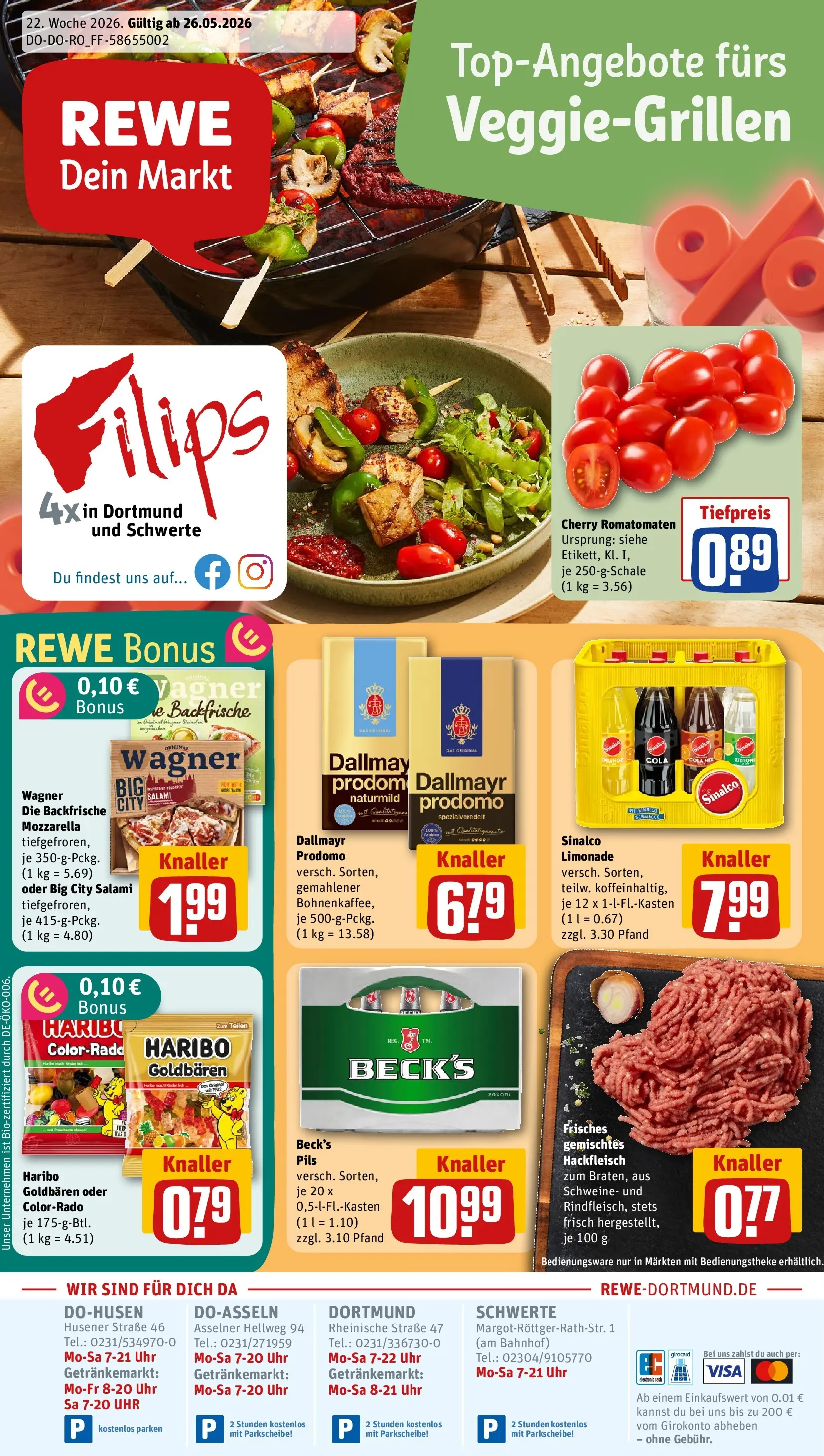 REWE Prospekt ab 26.05.2026 zum Blättern » Angebote | Seite: 1 | Produkte: Haribo, Mozzarella, Pils, Dallmayr prodomo