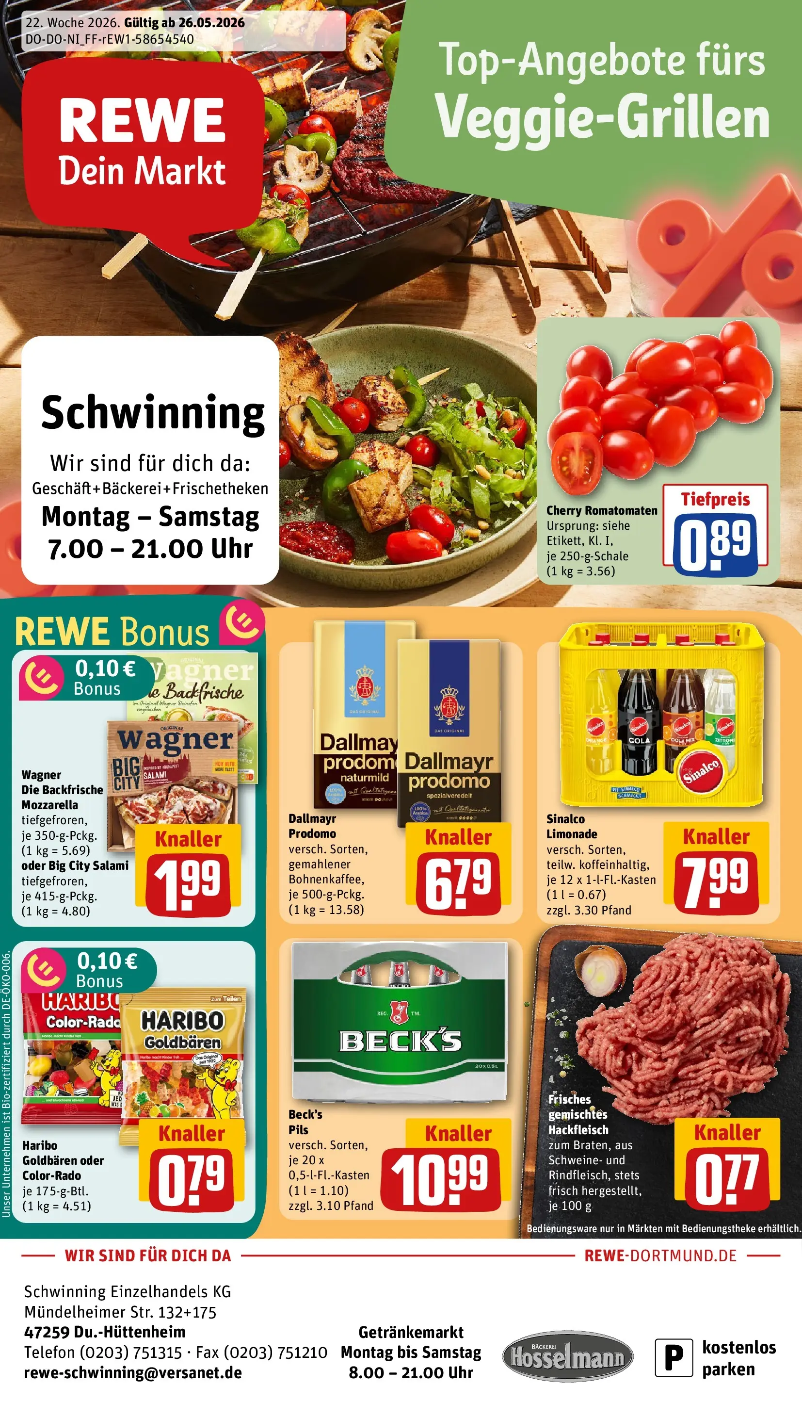 REWE Prospekt ab 26.05.2026 zum Blättern » Angebote | Seite: 1 | Produkte: Sinalco, Bäckerei, Dallmayr prodomo, Uhr