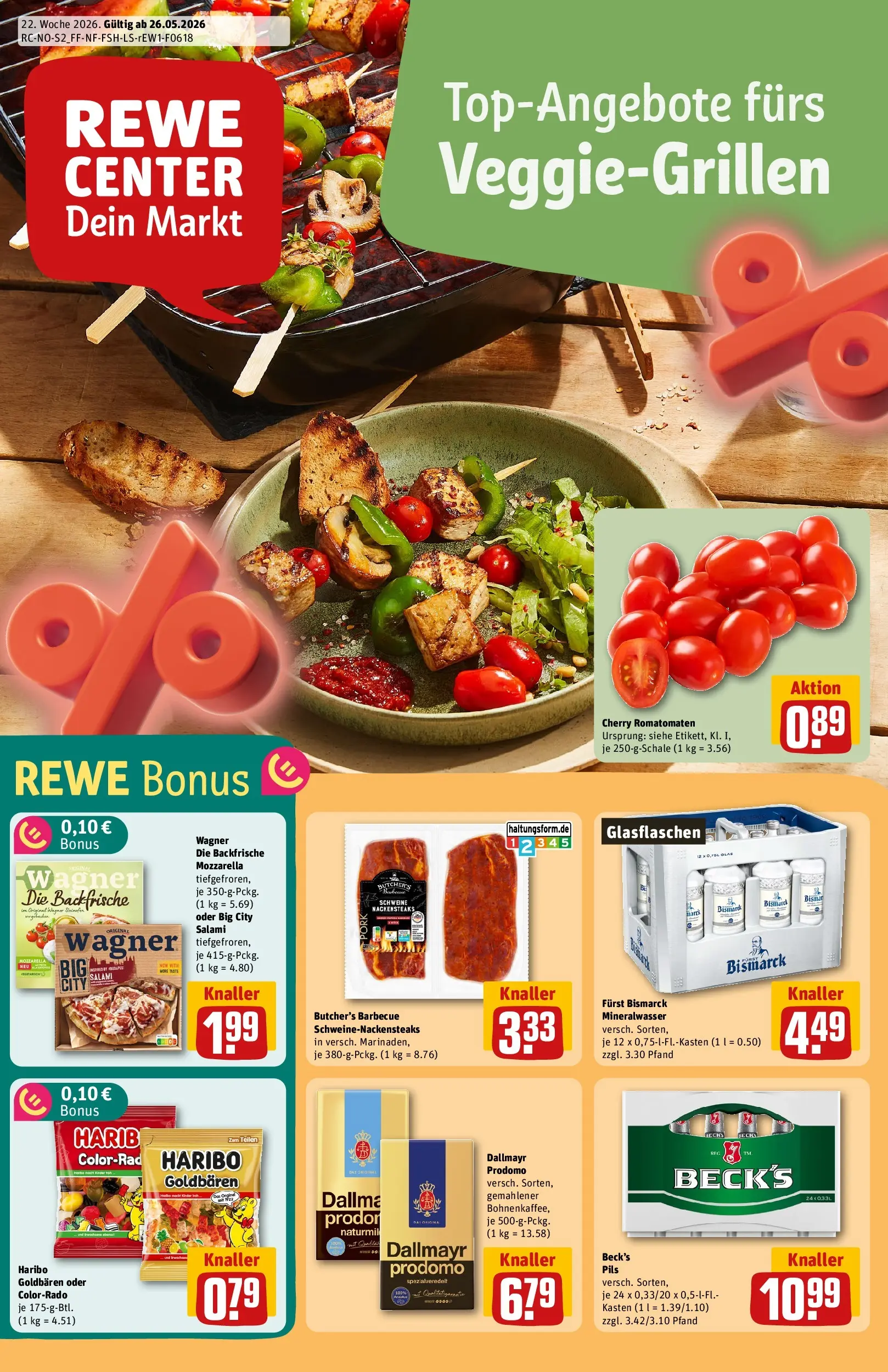 REWE Prospekt ab 26.05.2026 zum Blättern » Angebote | Seite: 1 | Produkte: Haribo, Mineralwasser, Pizza, Dallmayr prodomo