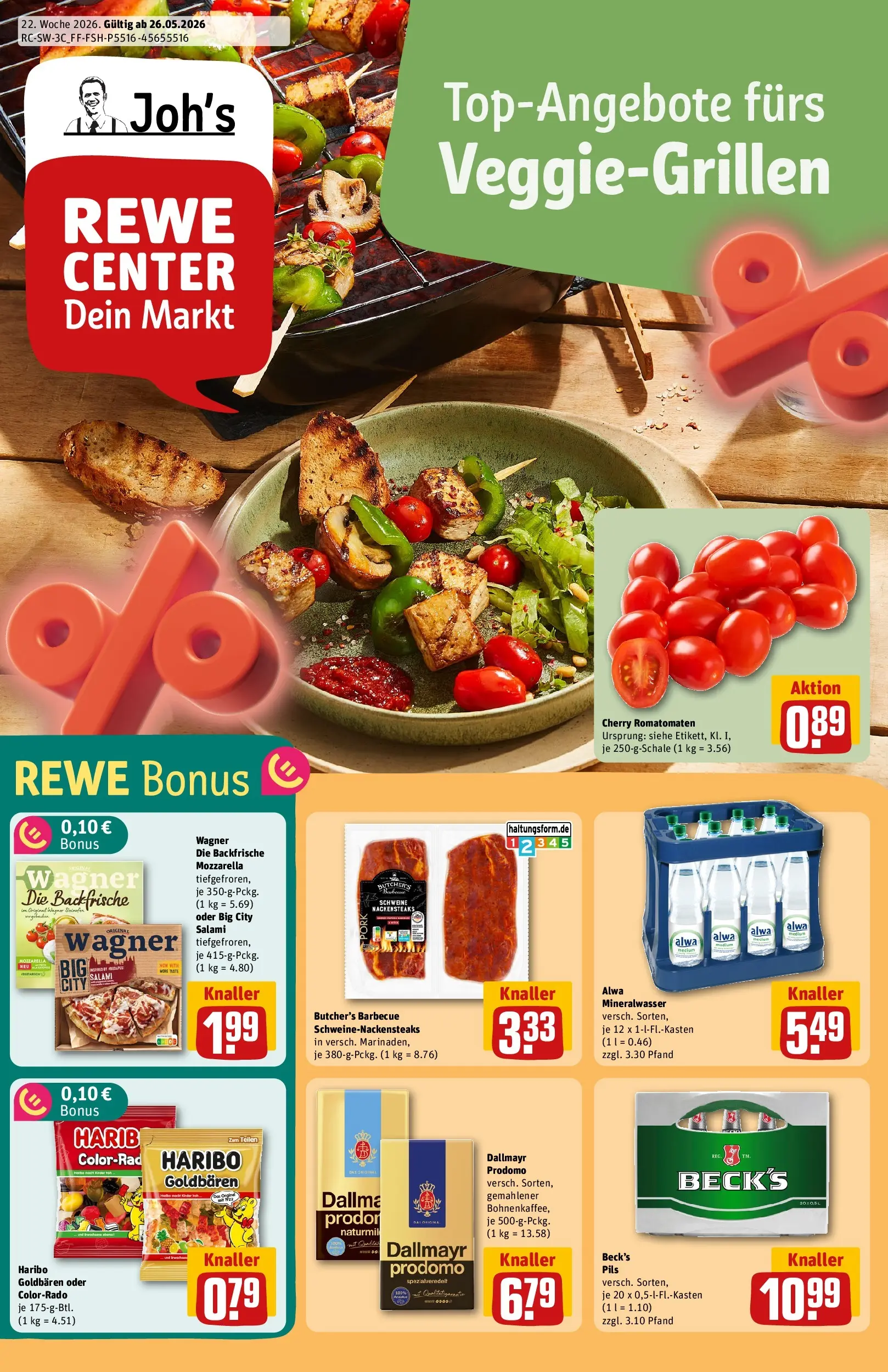REWE Prospekt ab 26.05.2026 zum Blättern » Angebote | Seite: 1 | Produkte: Nackensteaks, Haribo, Pils, Dallmayr
