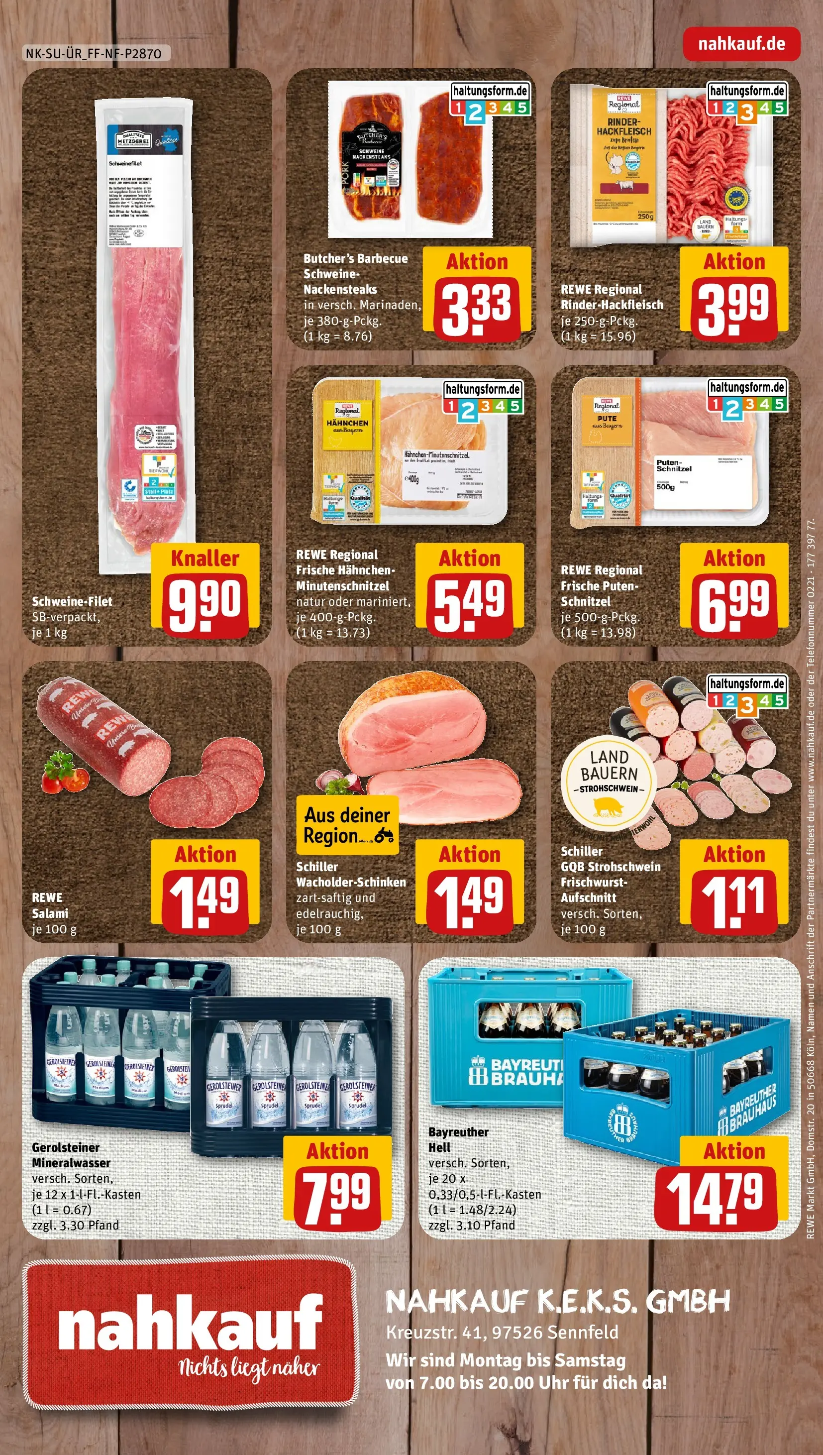 REWE Prospekt ab 26.05.2026 zum Blättern » Angebote | Seite: 8 | Produkte: Bayreuther hell, Hahnchen, Salami, Hackfleisch