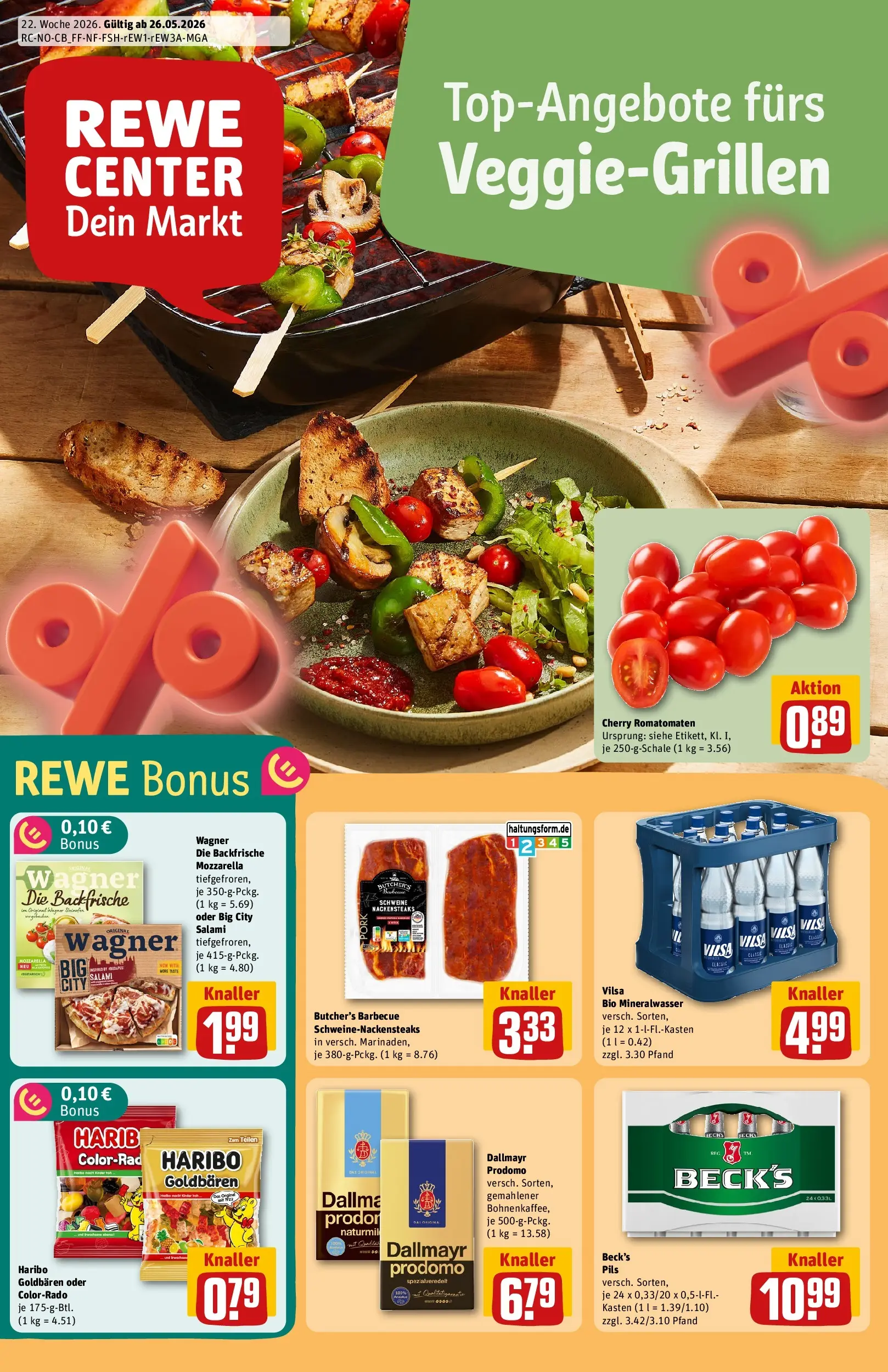 REWE Prospekt ab 26.05.2026 zum Blättern » Angebote | Seite: 1 | Produkte: Nackensteaks, Mozzarella, Salami, Dallmayr prodomo