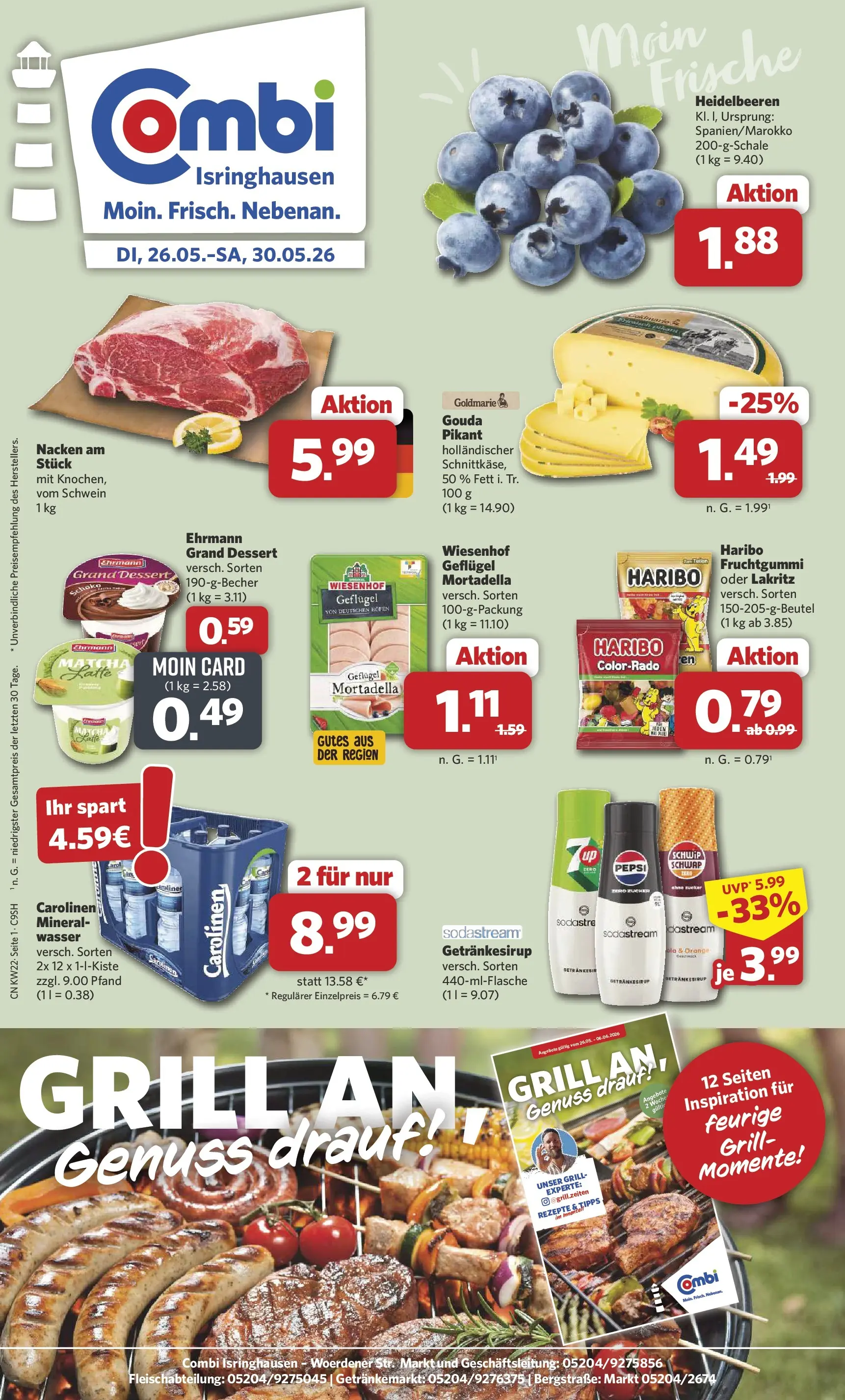 Combi Prospekt Steinhagen (ab 26.05.2026) zum Blättern | Seite: 1 | Produkte: Grill, Haribo, Ehrmann grand dessert, Gouda