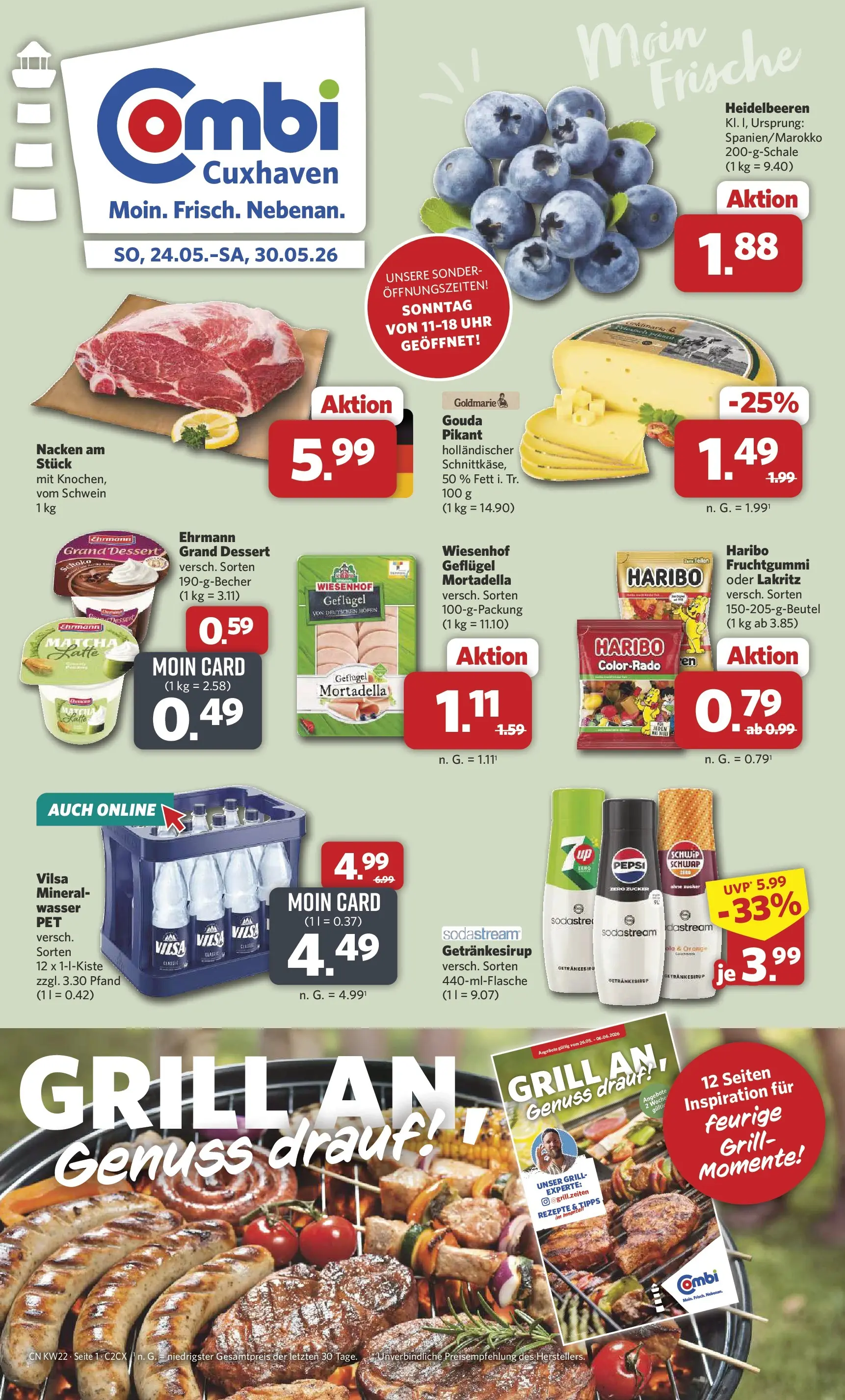 Combi Prospekt Cuxhaven (ab 26.05.2026) zum Blättern | Seite: 1 | Produkte: Gouda, Heidelbeeren, Wasser, Uhr