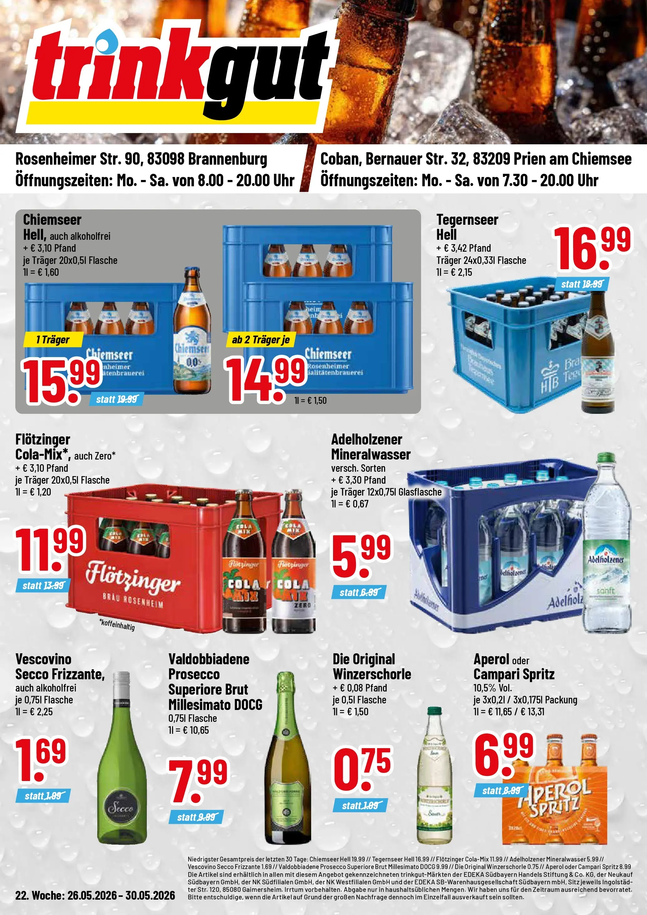 Trinkgut Prospekt Brannenburg (ab 26.05.2026) » Angebote online | Seite: 1 | Produkte: Cola, Adelholzener, Aperol, Uhr