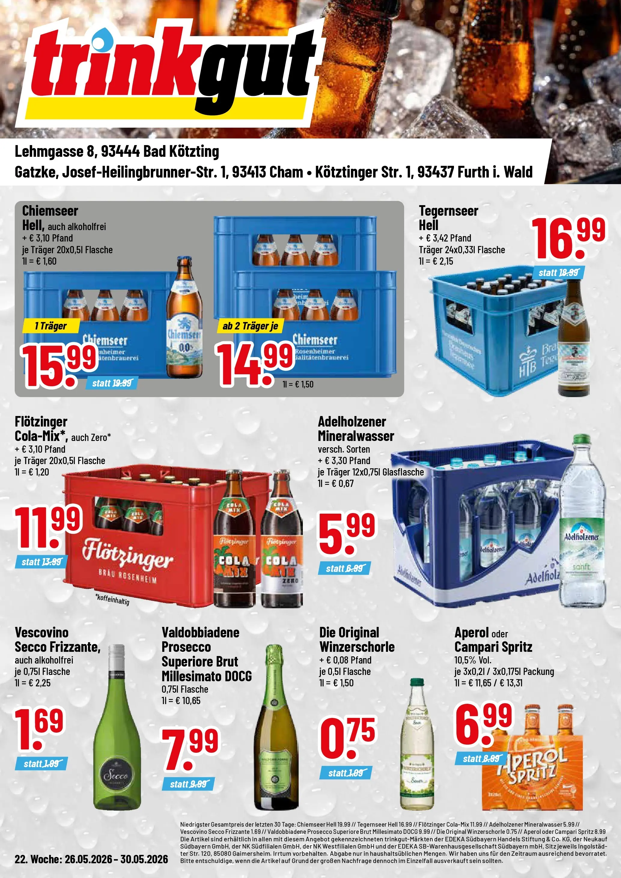 Trinkgut Prospekt Bad Kötzting (ab 26.05.2026) » Angebote online | Seite: 1 | Produkte: Campari, Adelholzener, Mineralwasser, Prosecco