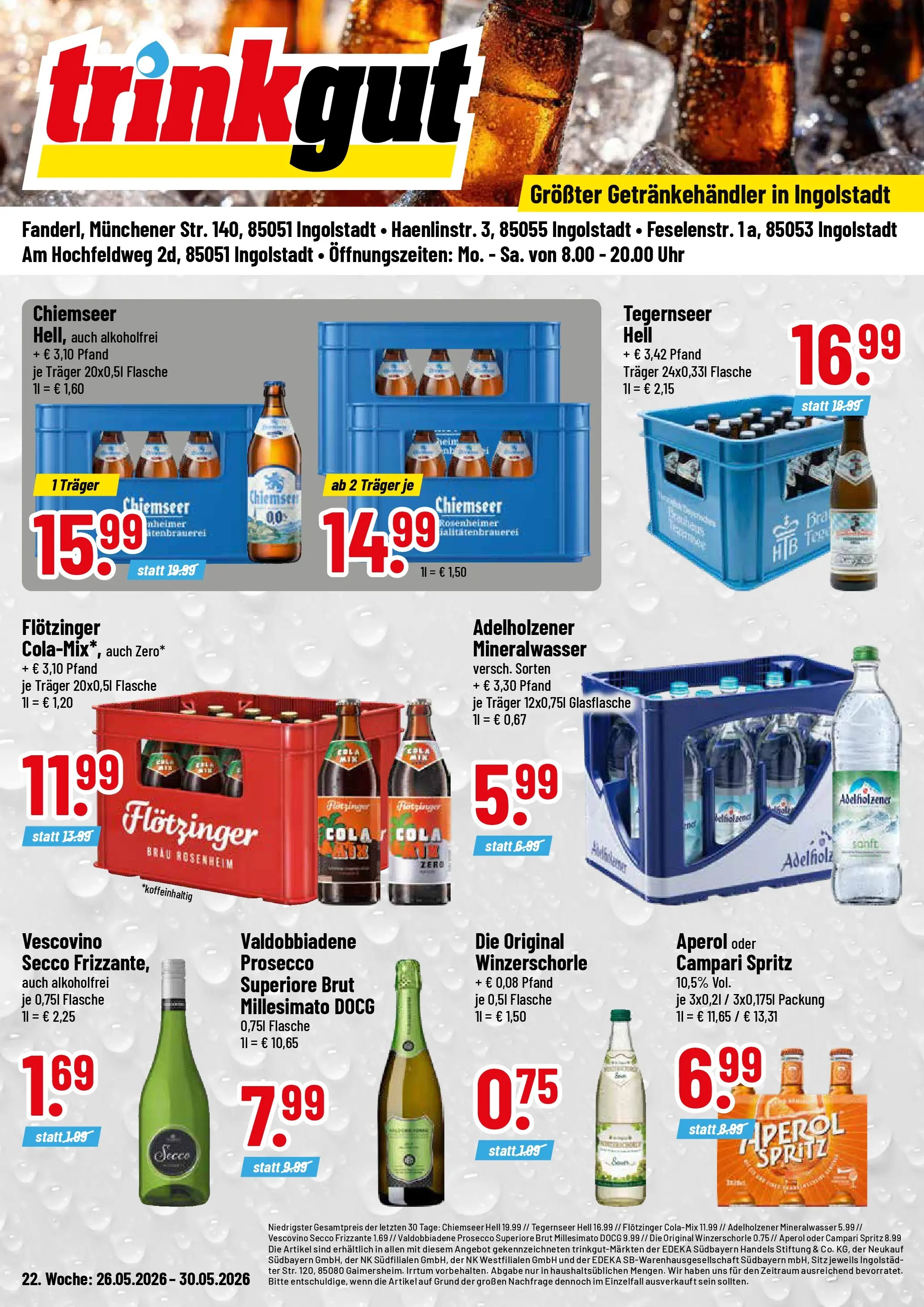 Trinkgut Prospekt Ingolstadt (ab 26.05.2026) » Angebote online | Seite: 1 | Produkte: Cola, Adelholzener, Mineralwasser, Uhr