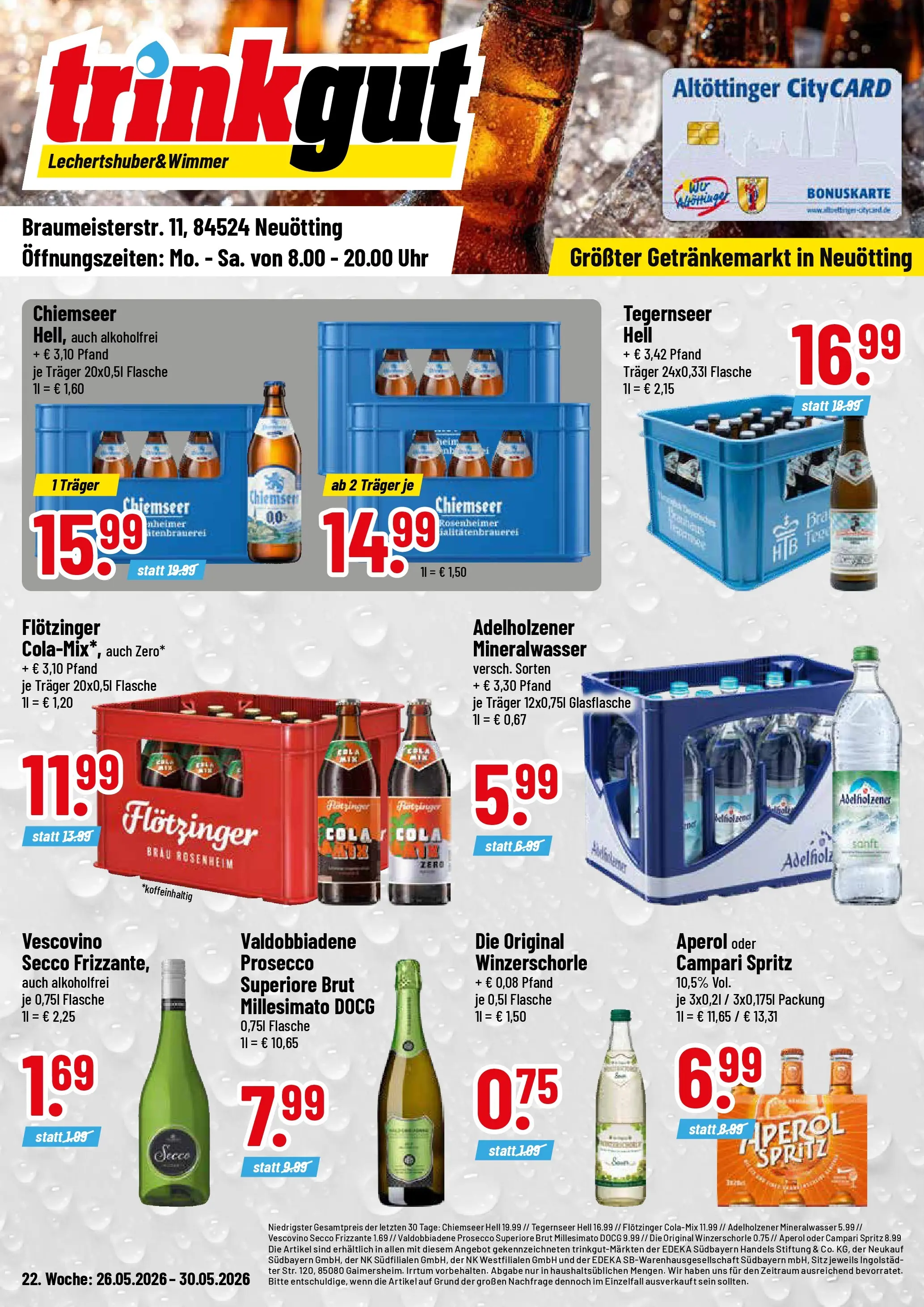 Trinkgut Prospekt Neuötting (ab 26.05.2026) » Angebote online | Seite: 1 | Produkte: Cola, Campari, Adelholzener, Aperol