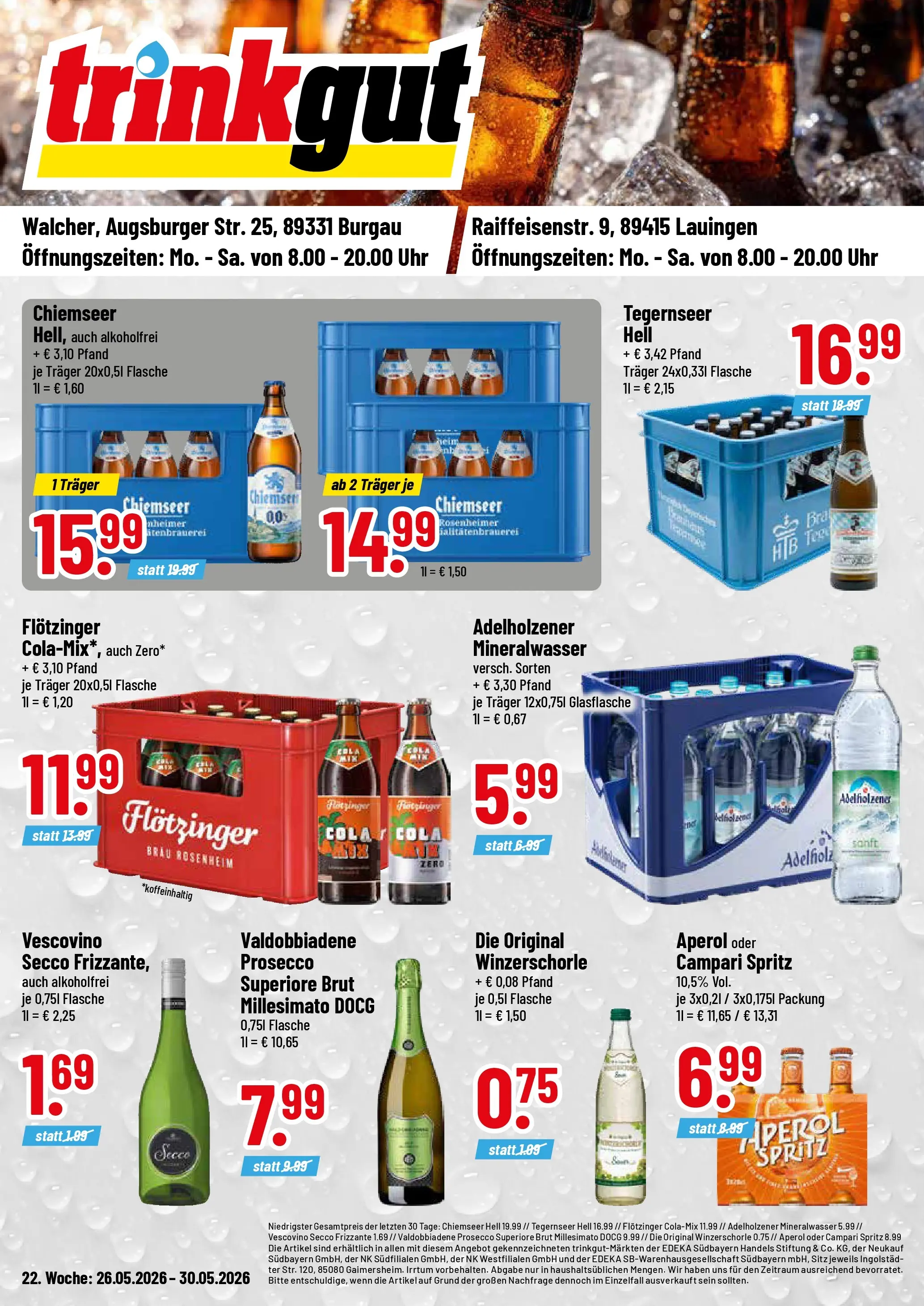 Trinkgut Prospekt Burgau (ab 26.05.2026) » Angebote online | Seite: 1 | Produkte: Cola, Campari, Adelholzener, Mineralwasser