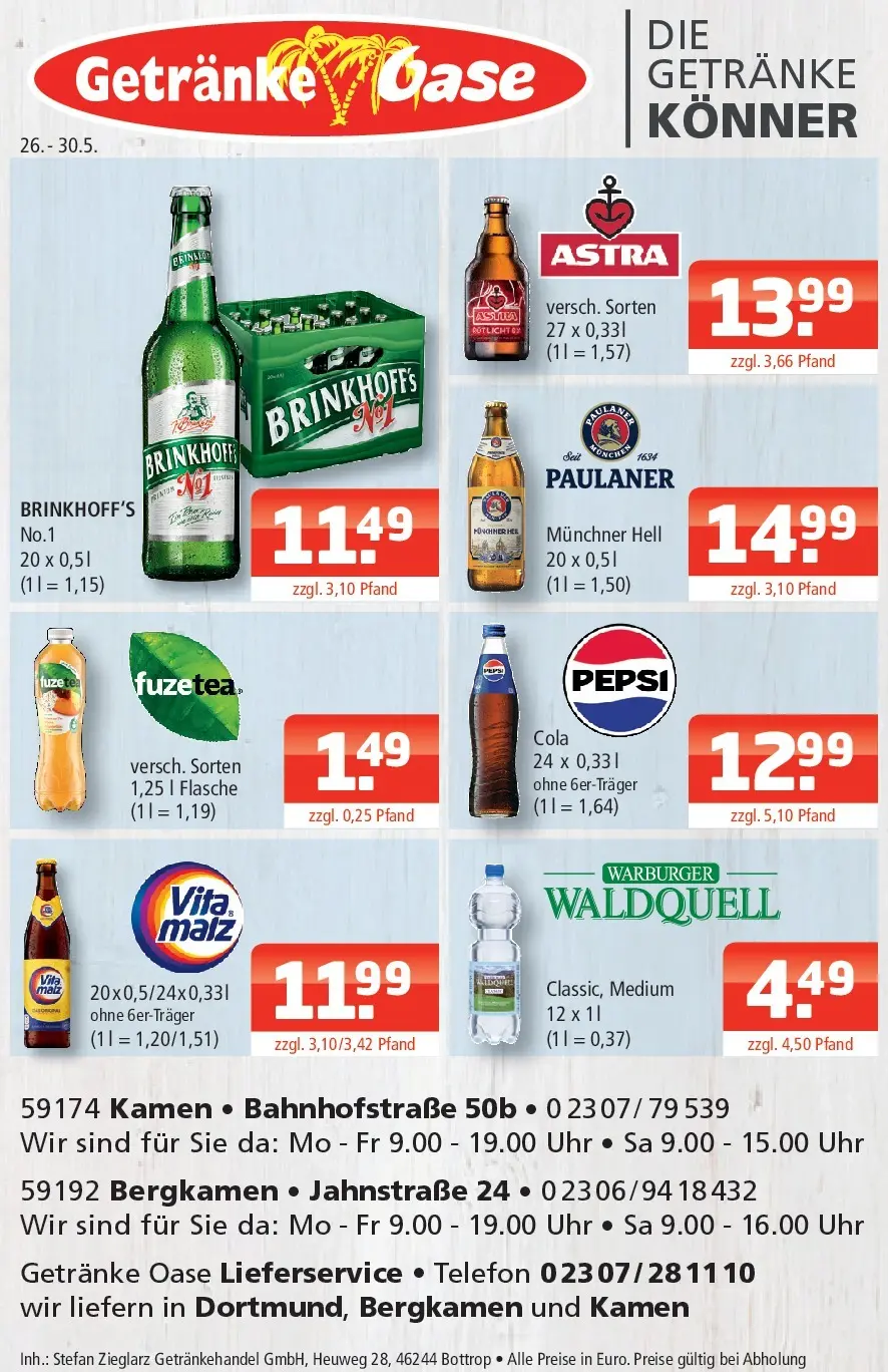 Angebote - Getränke Oase: Getränkeangebote (ab 24.05.2026) zum Blättern | Seite: 1 | Produkte: Astra, Pepsi, Uhr, Paulaner