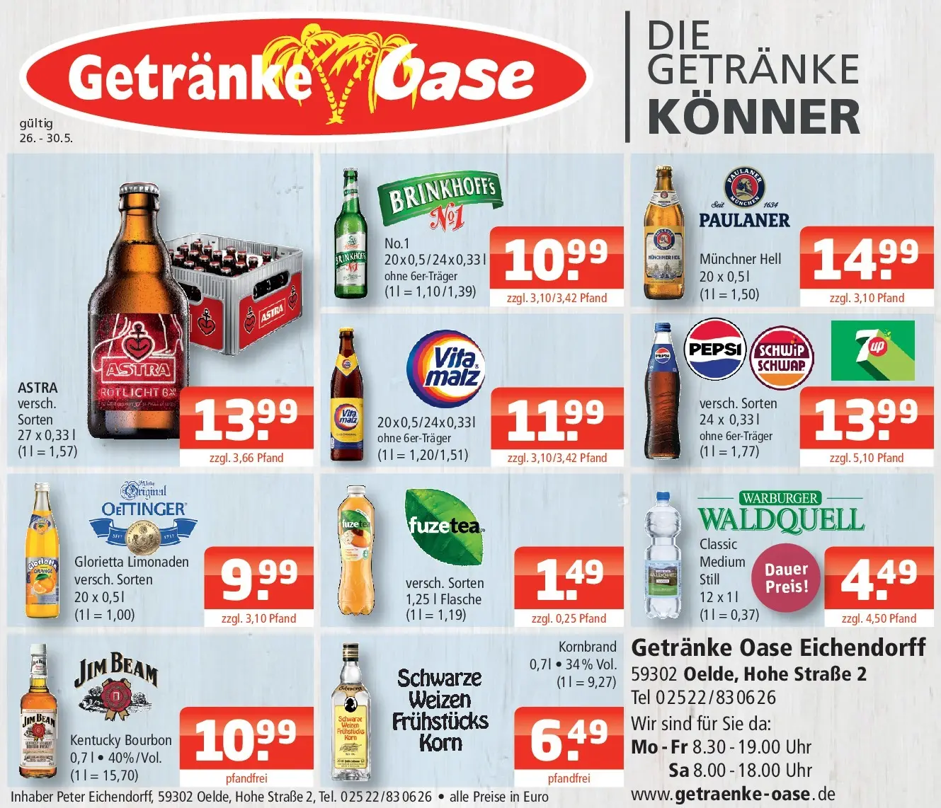 Angebote - Getränke Oase: Getränkeangebote (ab 24.05.2026) zum Blättern | Seite: 1 | Produkte: Jim beam, Pepsi, Bourbon, Uhr