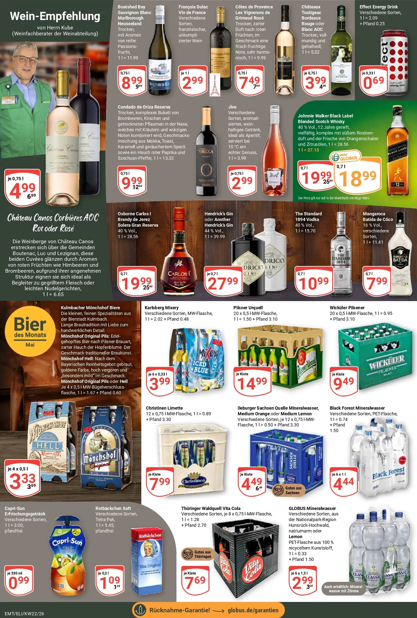 Globus Prospekt Mittelhausen (ab 26.05.2026) » Angebote online | Seite: 18 | Produkte: Monchshof, Mineralwasser, Zitrone, Gin