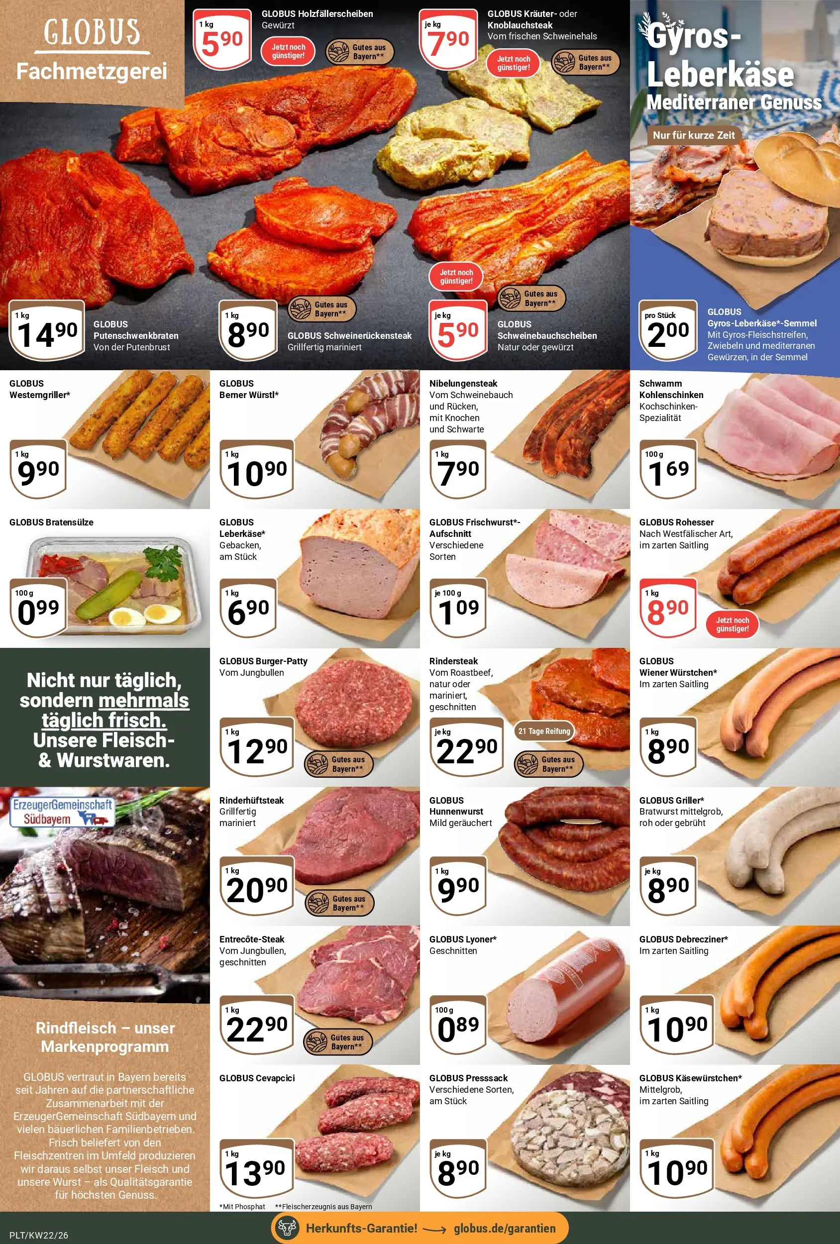 Globus Prospekt Plattling (ab 26.05.2026) » Angebote online | Seite: 8 | Produkte: Schweinebauch, Bratwurst, Zwiebeln, Leberkase