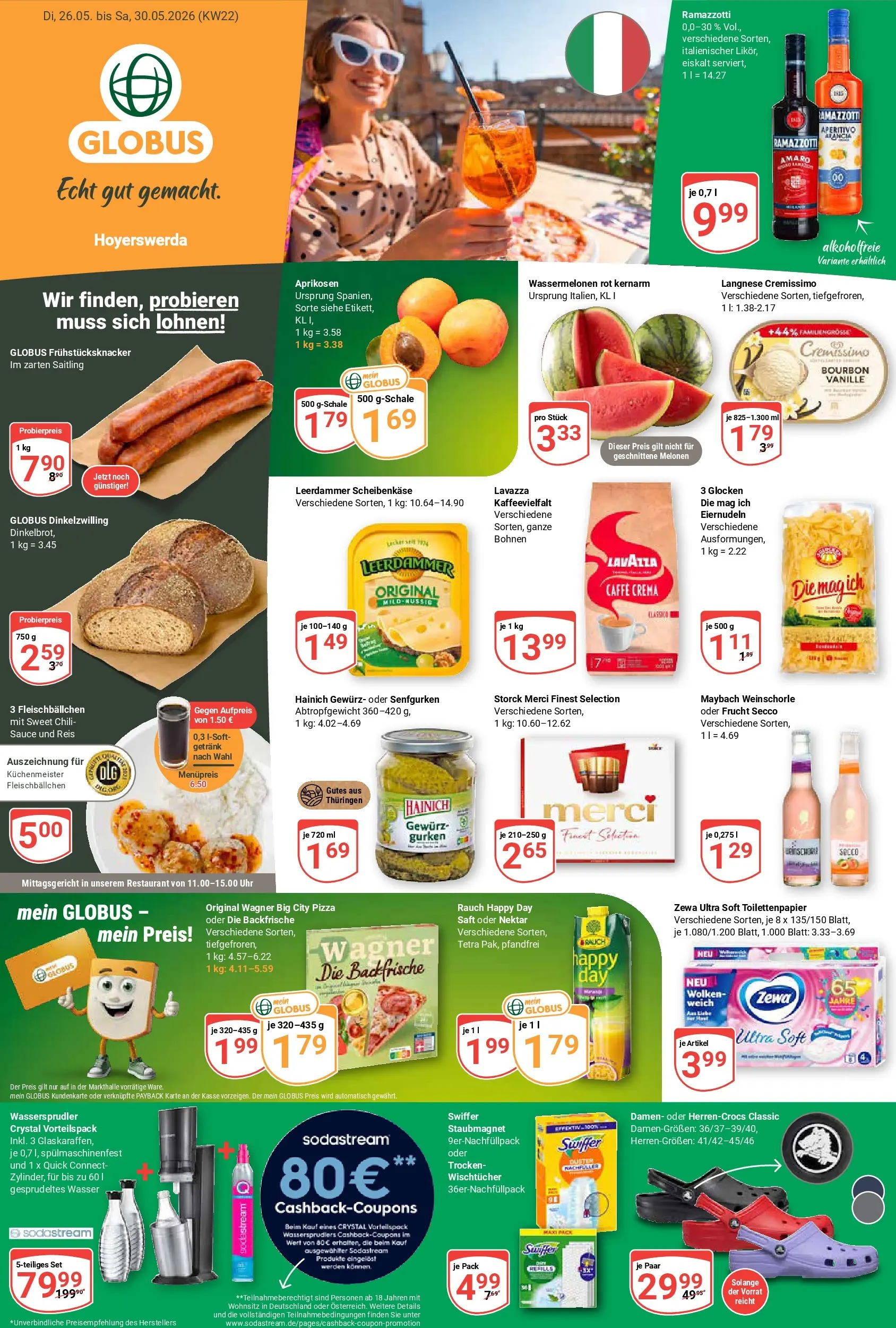 Globus Prospekt Hoyerswerda (ab 26.05.2026) » Angebote online | Seite: 1 | Produkte: Leerdammer, Weinschorle, Reis, Swiffer