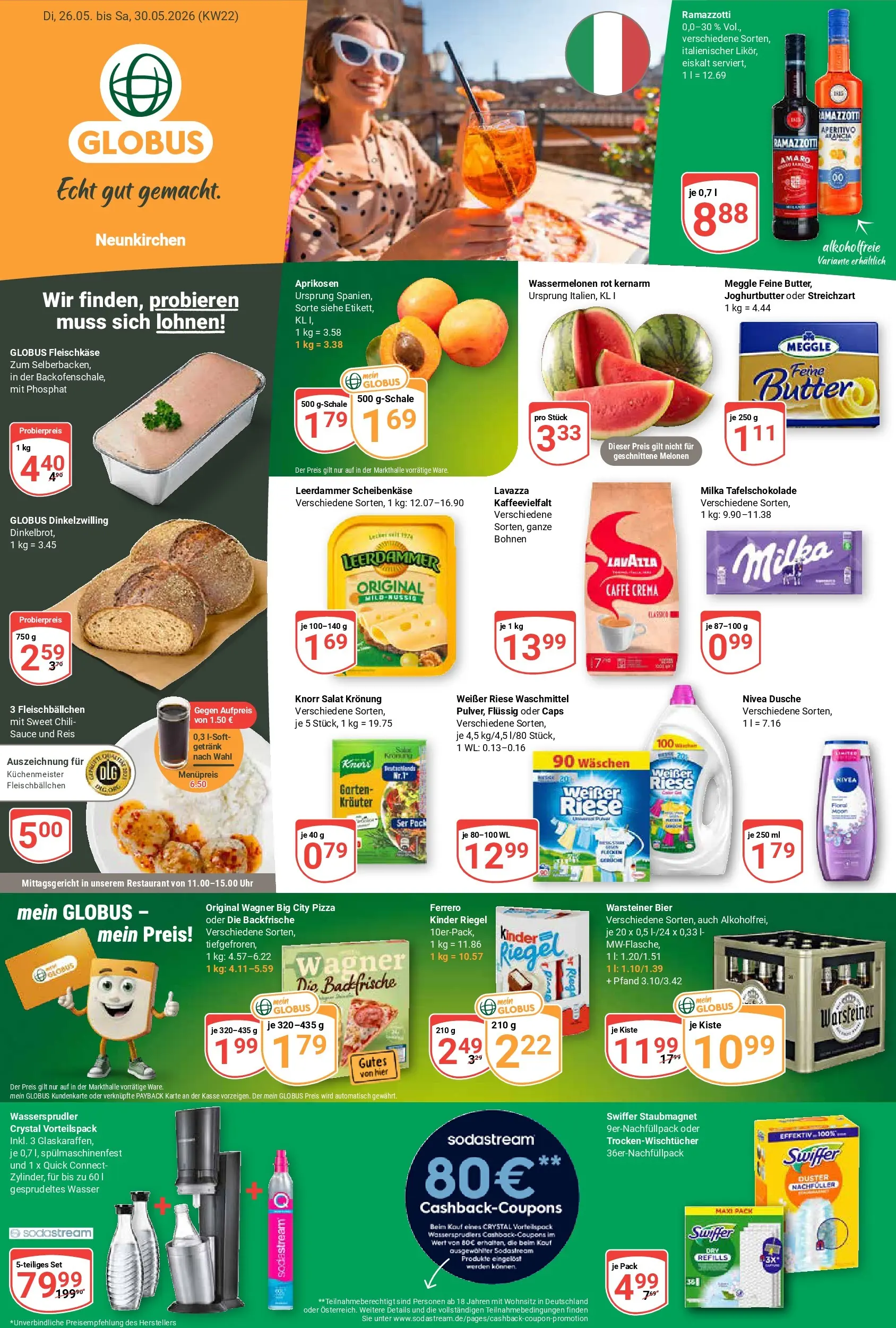 Globus Prospekt Neunkirchen (ab 26.05.2026) » Angebote online | Seite: 1 | Produkte: Dusche, Milka, Leerdammer, Reis