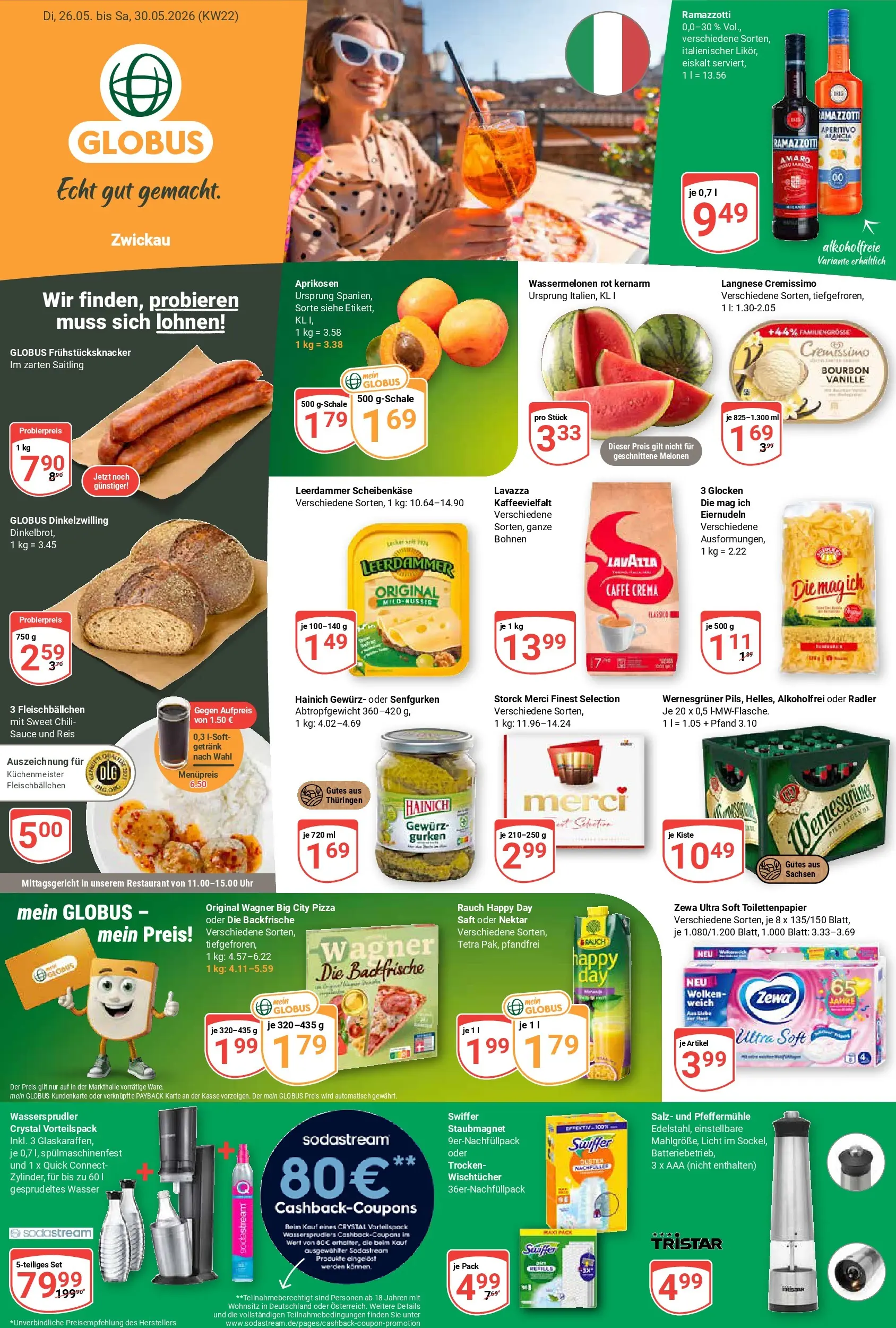 Globus Prospekt Zwickau (ab 26.05.2026) » Angebote online | Seite: 1 | Produkte: Wasser, Pizza, Saft, Ramazzotti