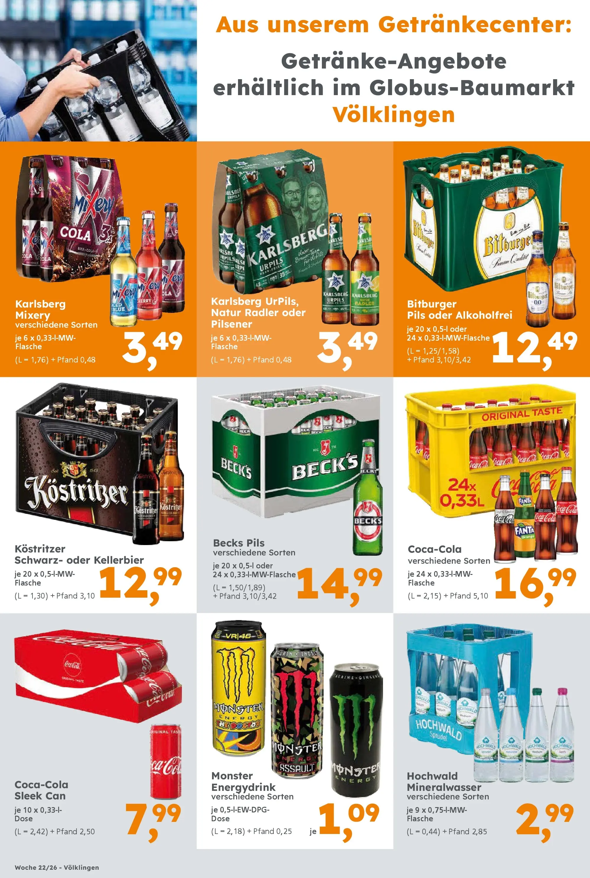 Globus Baumarkt Prospekt Heusweiler (ab 26.05.2026) zum Blättern | Seite: 16 | Produkte: Cola, Mineralwasser, Monster, Radler