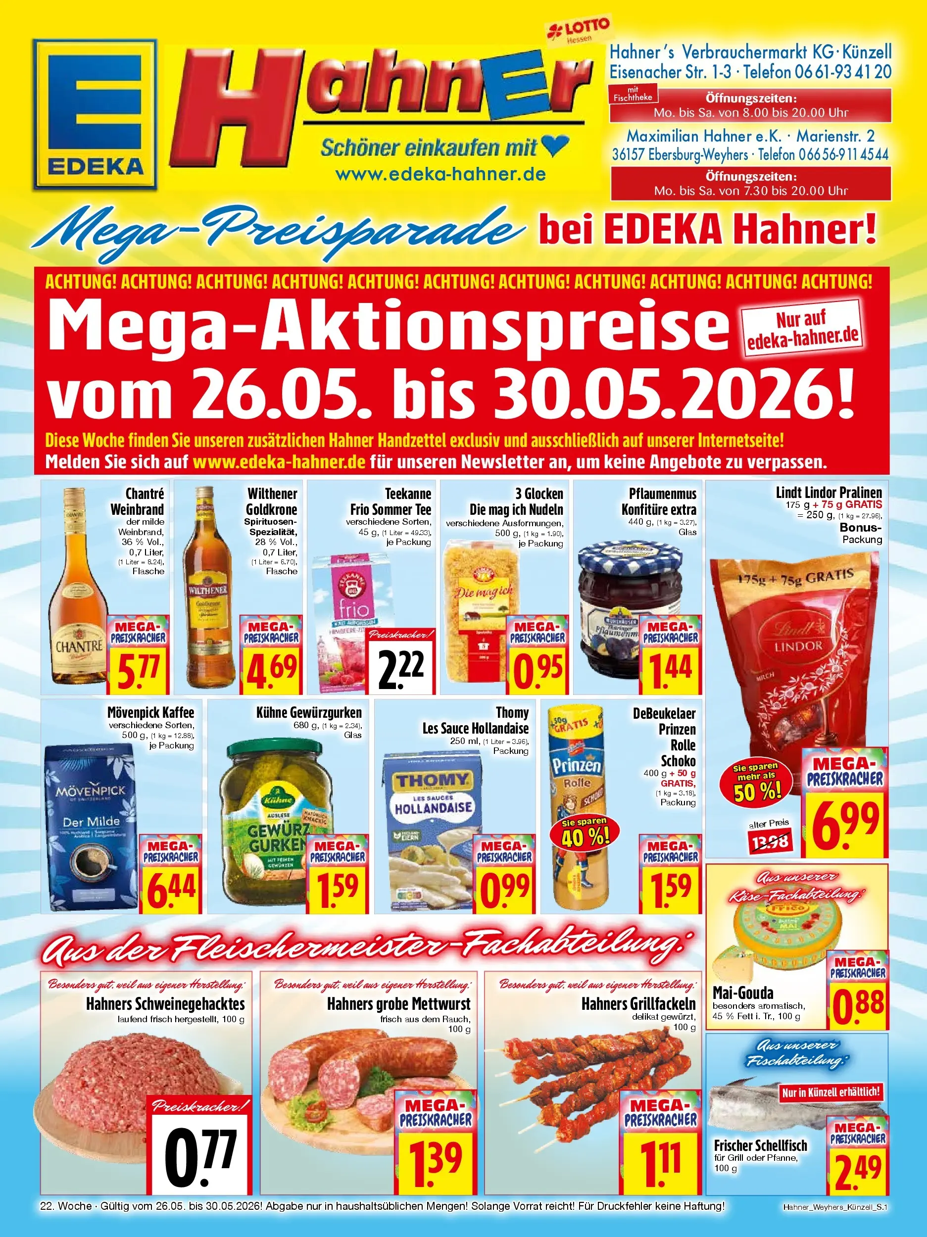Angebote - Edeka Hahner: Wochenangebote (ab 24.05.2026) zum Blättern | Seite: 1 | Produkte: Käse, Movenpick kaffee, Telefon, Uhr