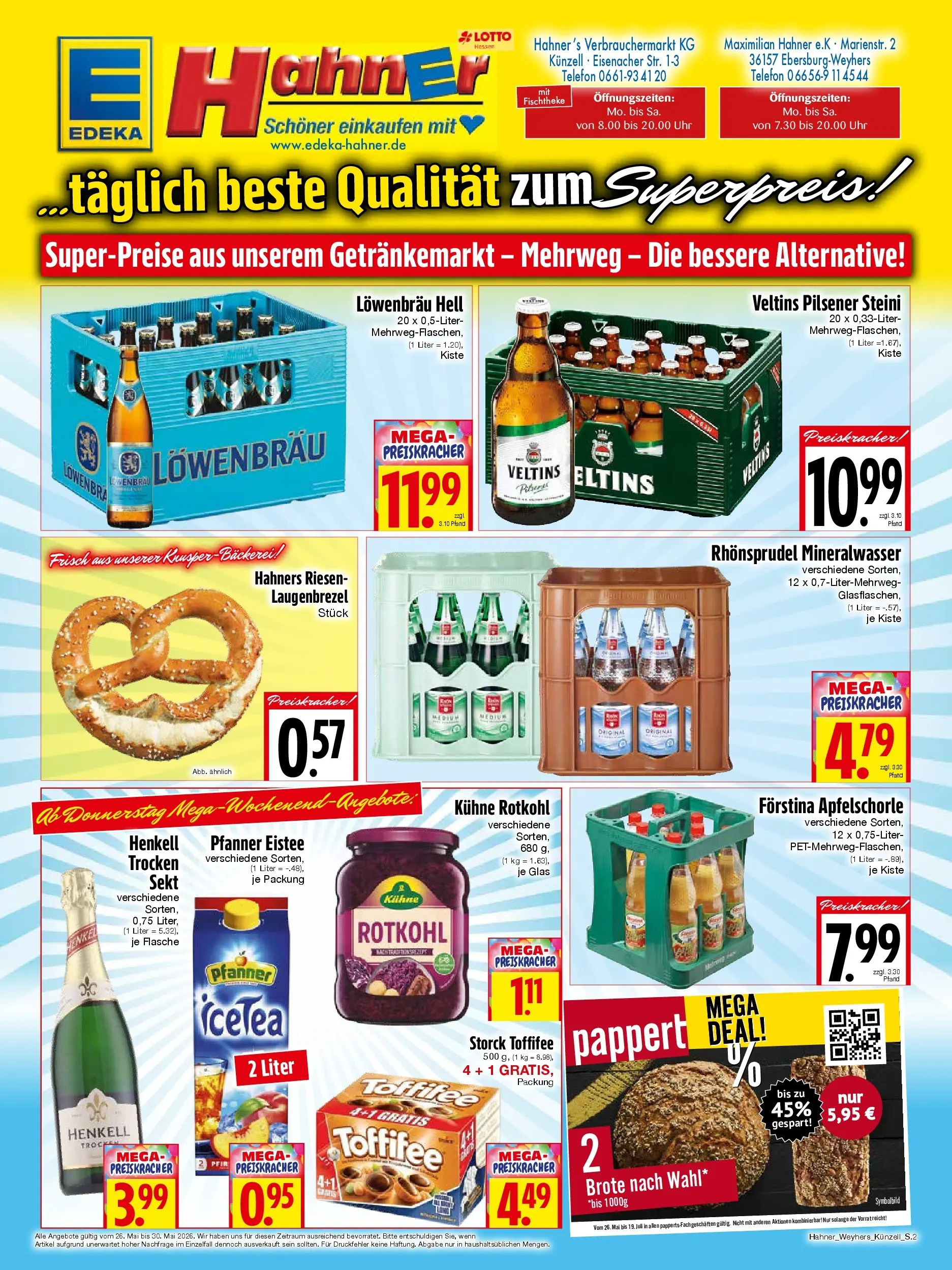 Angebote - Edeka Hahner: Wochenangebote (ab 24.05.2026) zum Blättern | Seite: 2 | Produkte: Rotkohl, Pfanner eistee, Telefon, Veltins