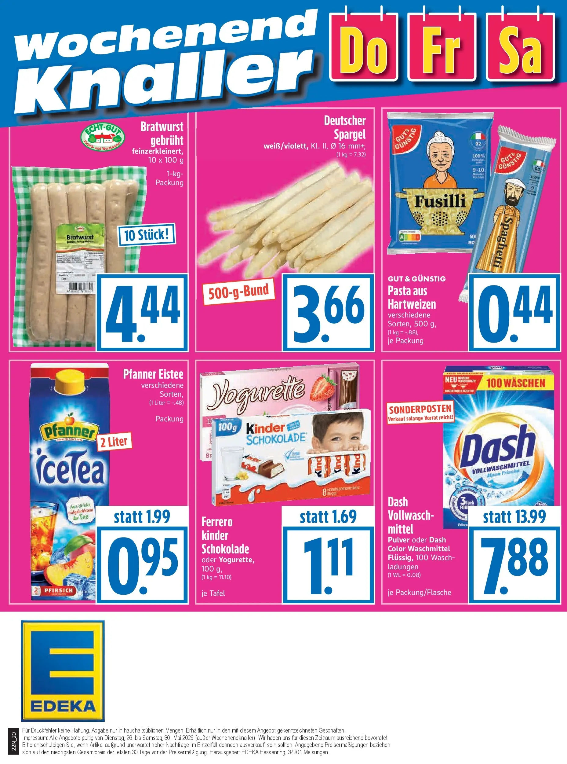 Angebote - Edeka Hahner: Wochenangebote (ab 24.05.2026) zum Blättern | Seite: 22 | Produkte: Kinder schokolade, Yogurette, Spargel, Pfanner eistee