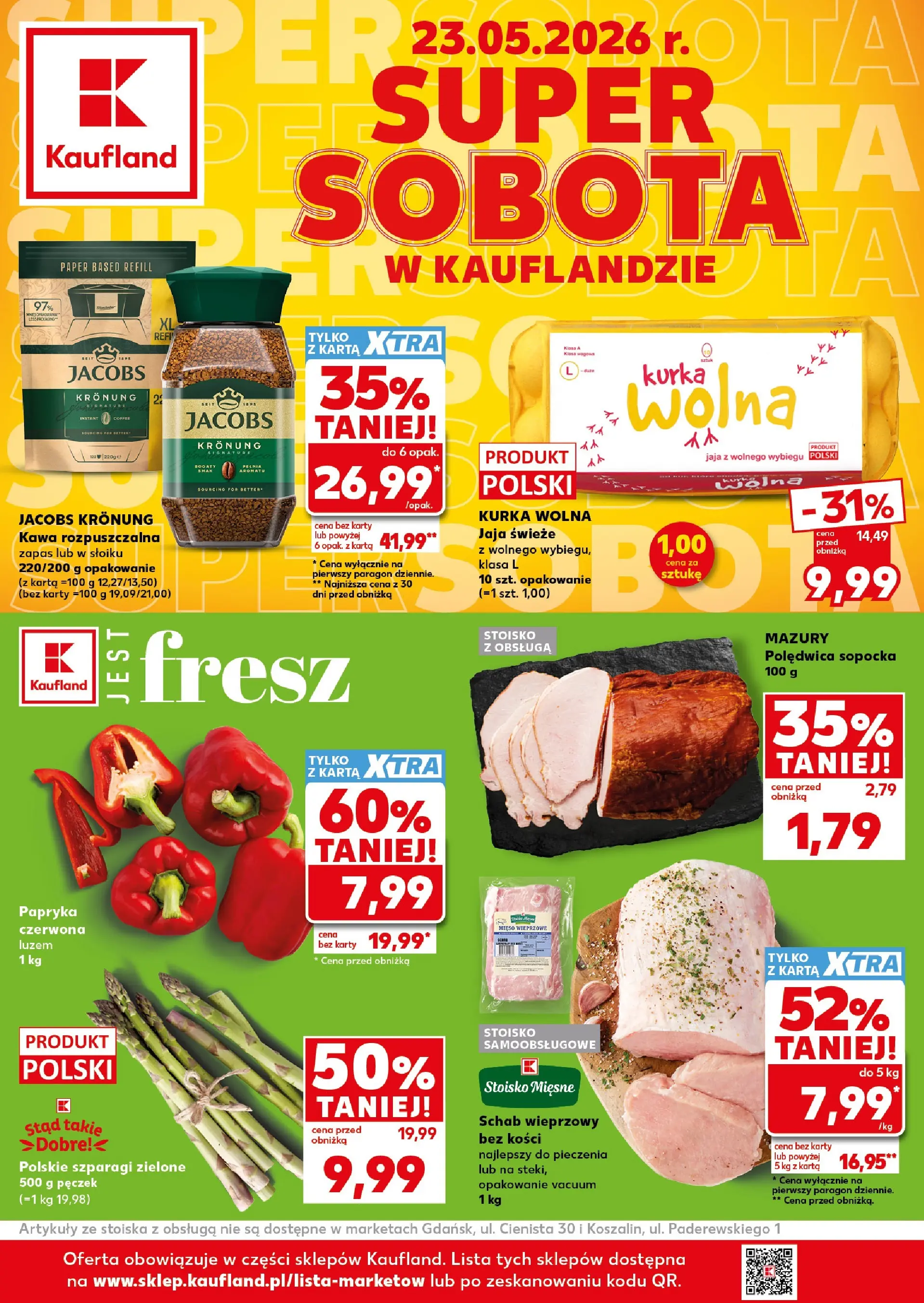 Kaufland gazetka - Super Sobota od 23.05.2026 - od jutra PDF | Strona: 1 | Produkty: Kawa rozpuszczalna, Szparagi, Papryka czerwona, Kawa