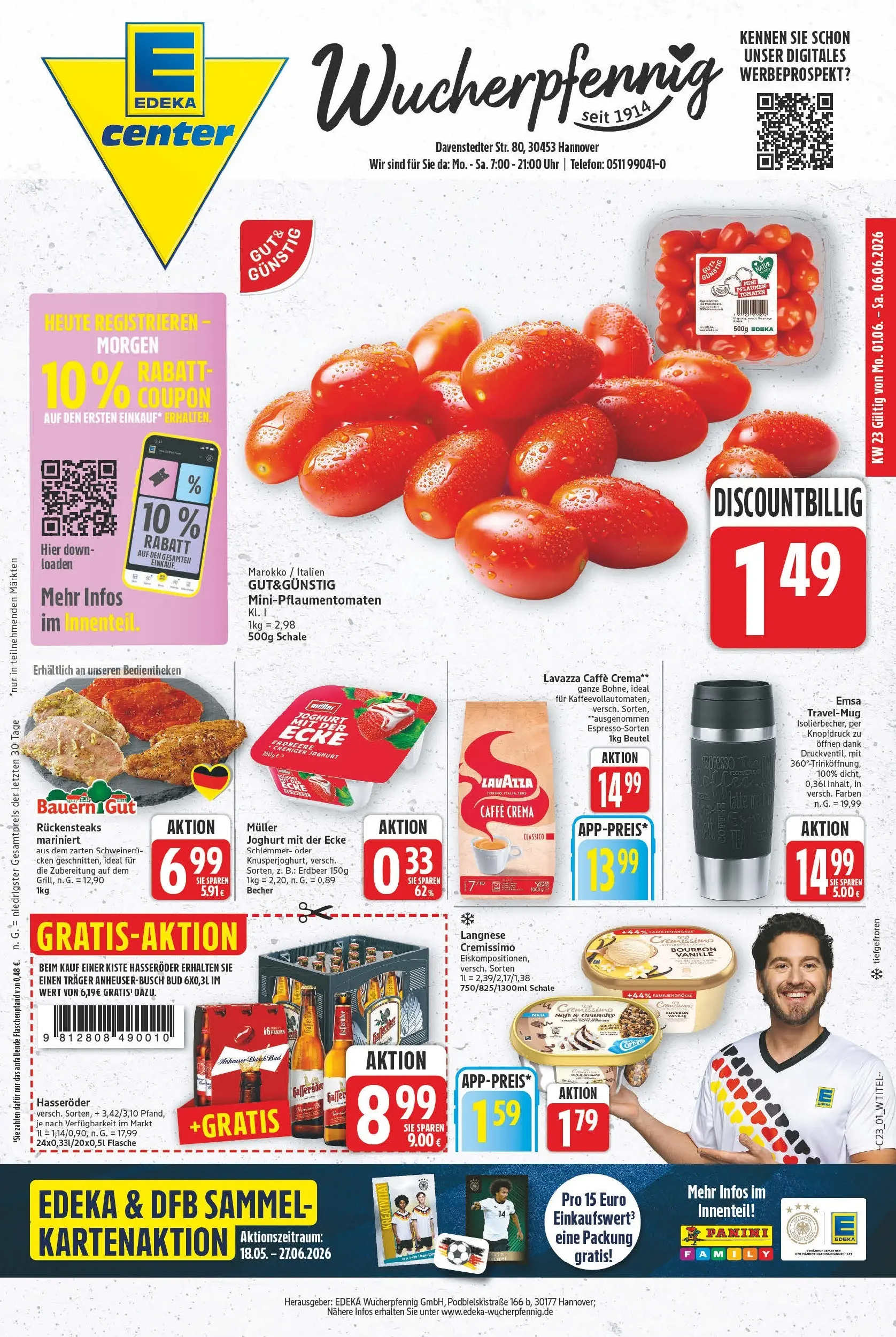 E center Prospekt Hannover (ab 26.05.2026) zum Blättern | Seite: 1 | Produkte: Lavazza, Langnese cremissimo, Pflaumen, Hasseröder