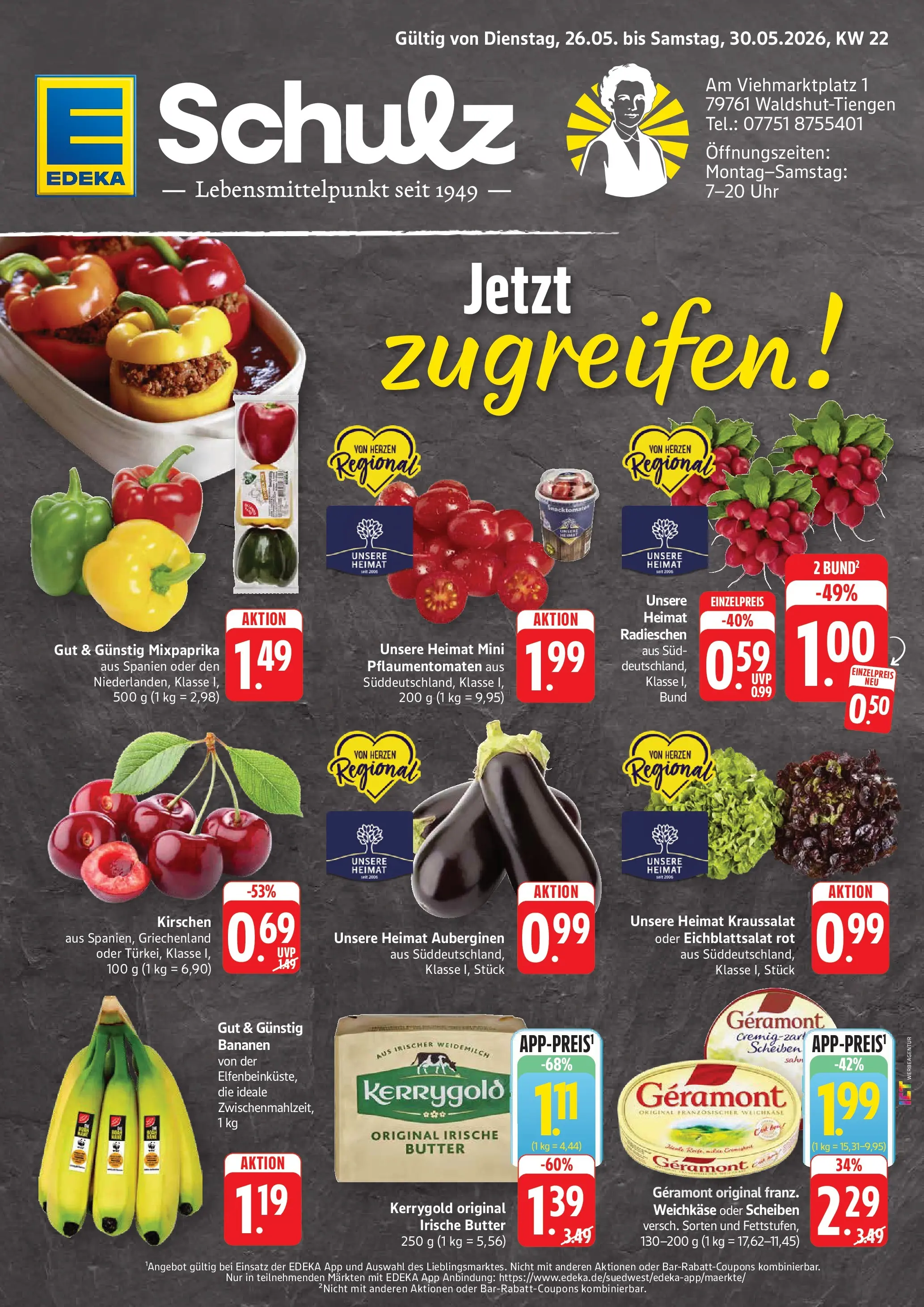 Edeka prospekt Waldshut-Tiengen (ab 26.05.2026) » Angebote Online | Seite: 1 | Produkte: Geramont, Butter, Bananen, Uhr