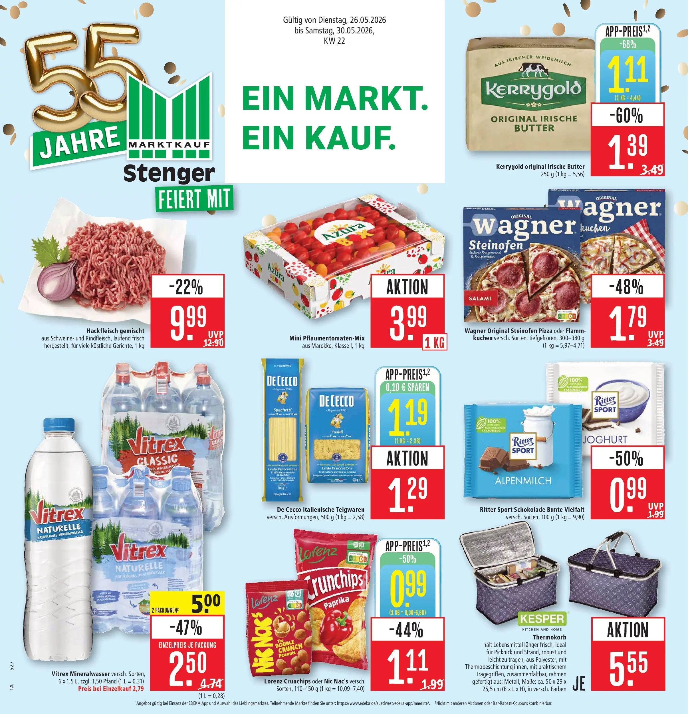 Marktkauf Prospekt Aschaffenburg (ab 26.05.2026) » Angebote online | Seite: 1 | Produkte: Butter, Lorenz crunchips, Pizza, Kuchen