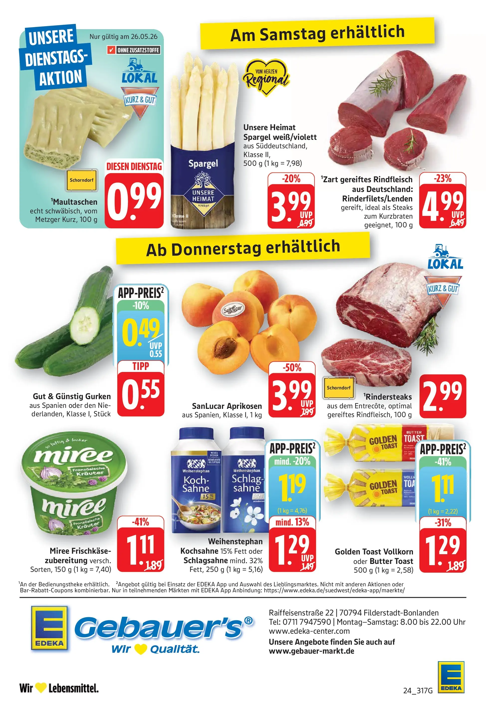 E center Prospekt Filderstadt-Bonlanden (ab 26.05.2026) zum Blättern | Seite: 24 | Produkte: Butter, Toast, Rindfleisch, Uhr